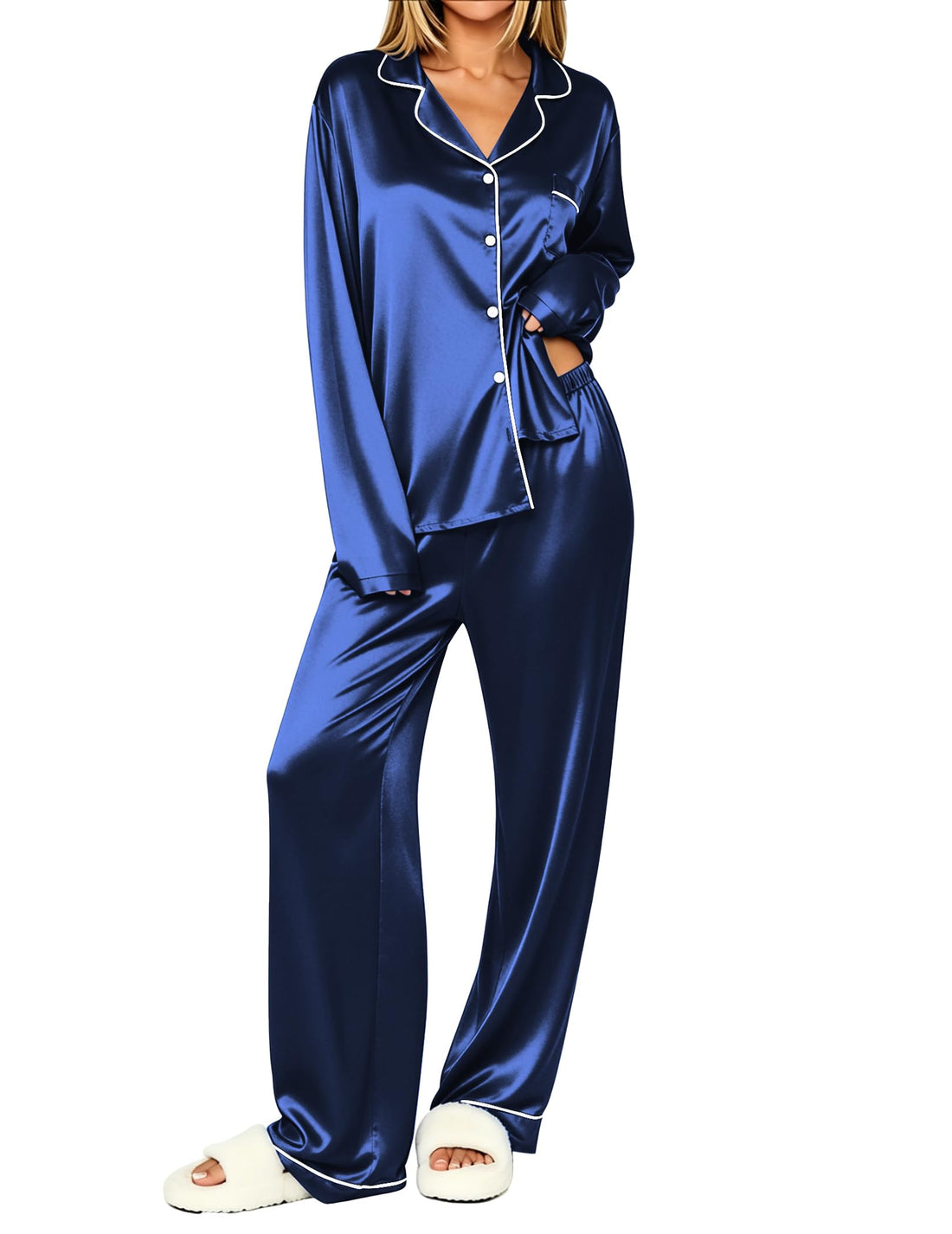 Ekouaer Womens Pajamas Silk Satin Long Sleeve Button Down Pjs Lounge Set