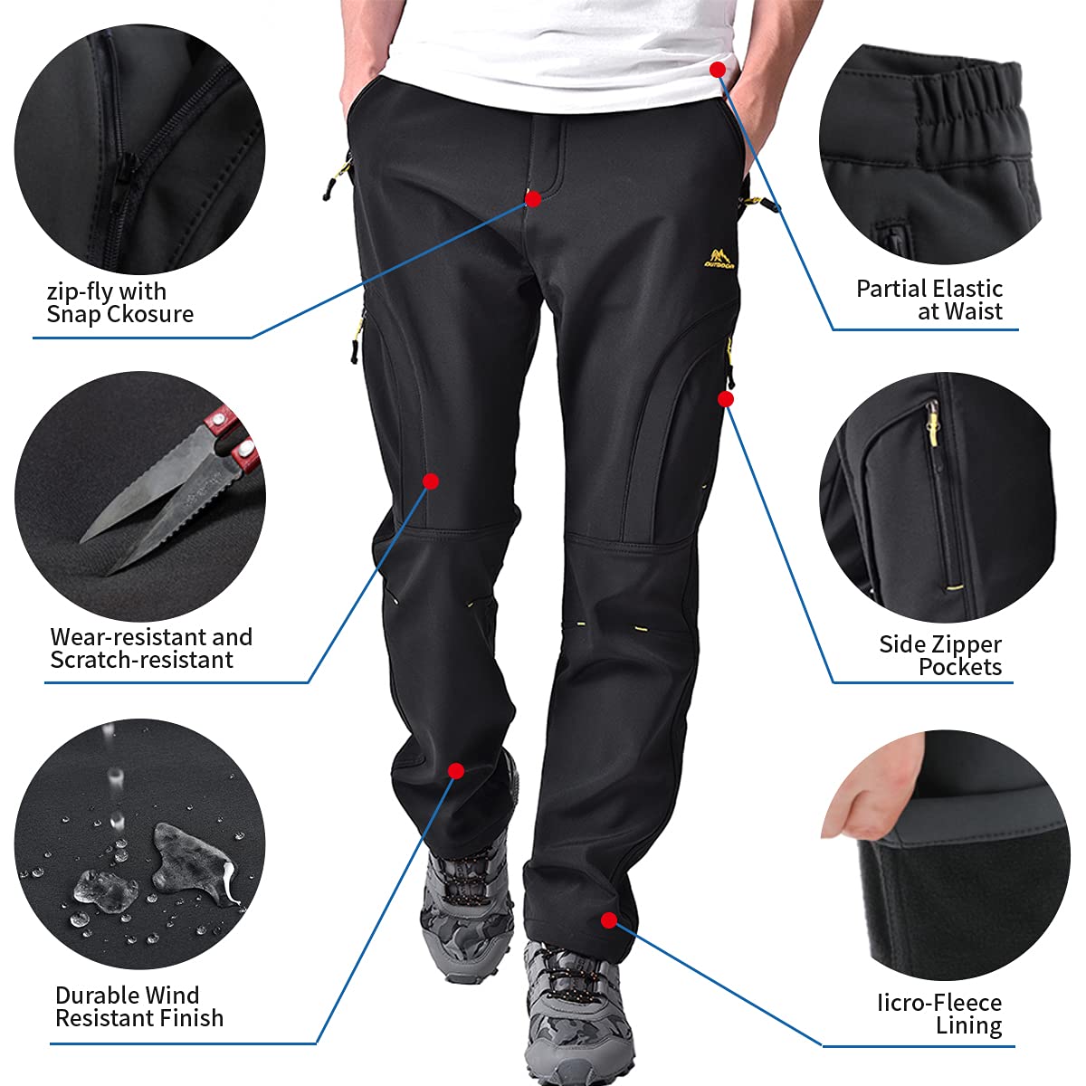 Toomett Men's hiking Snow Pants Skiing Winter Insulated Fleece lined Outdoor Water Repellent camping,walking,fishing