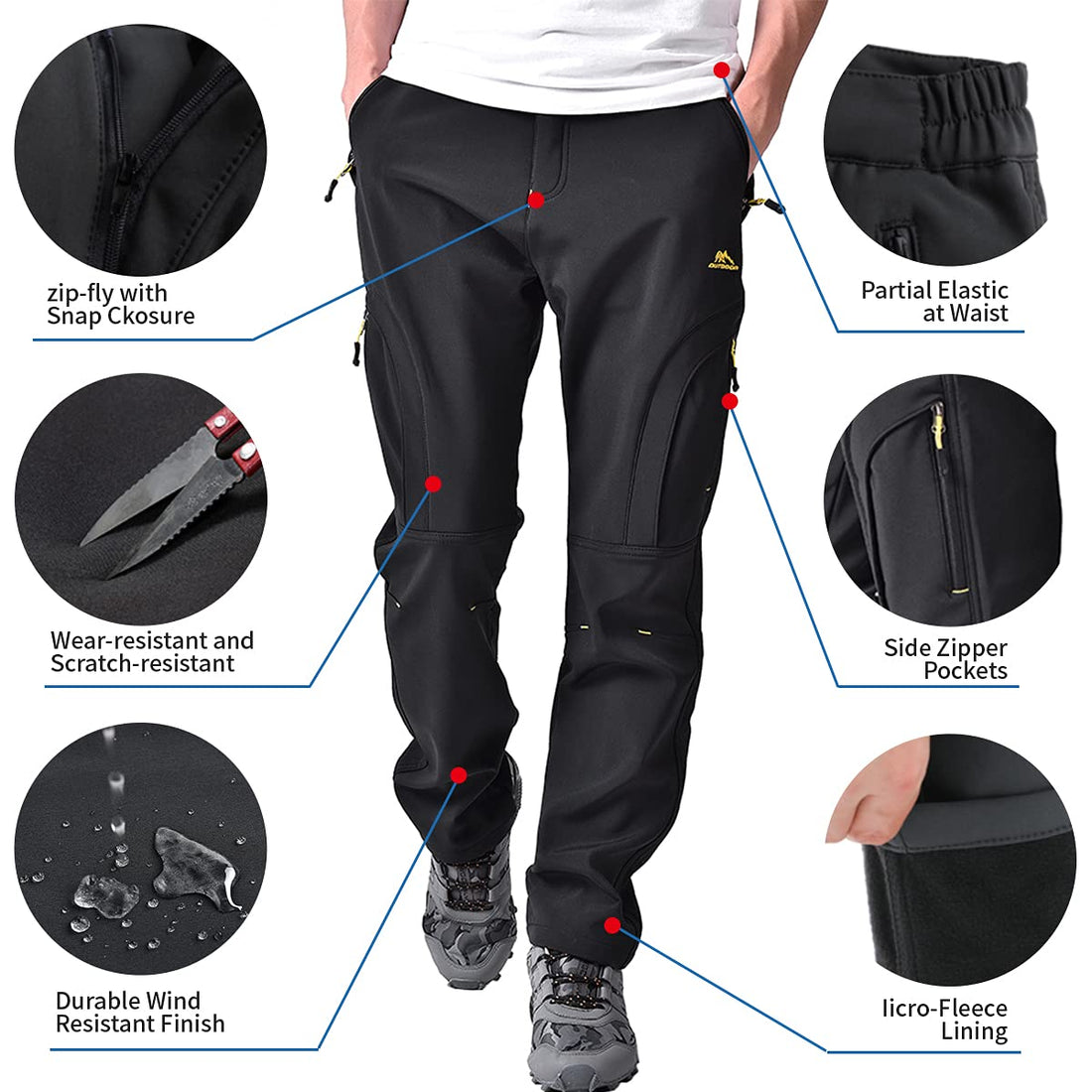 Toomett Men's hiking Snow Pants Skiing Winter Insulated Fleece lined Outdoor Water Repellent camping,walking,fishing