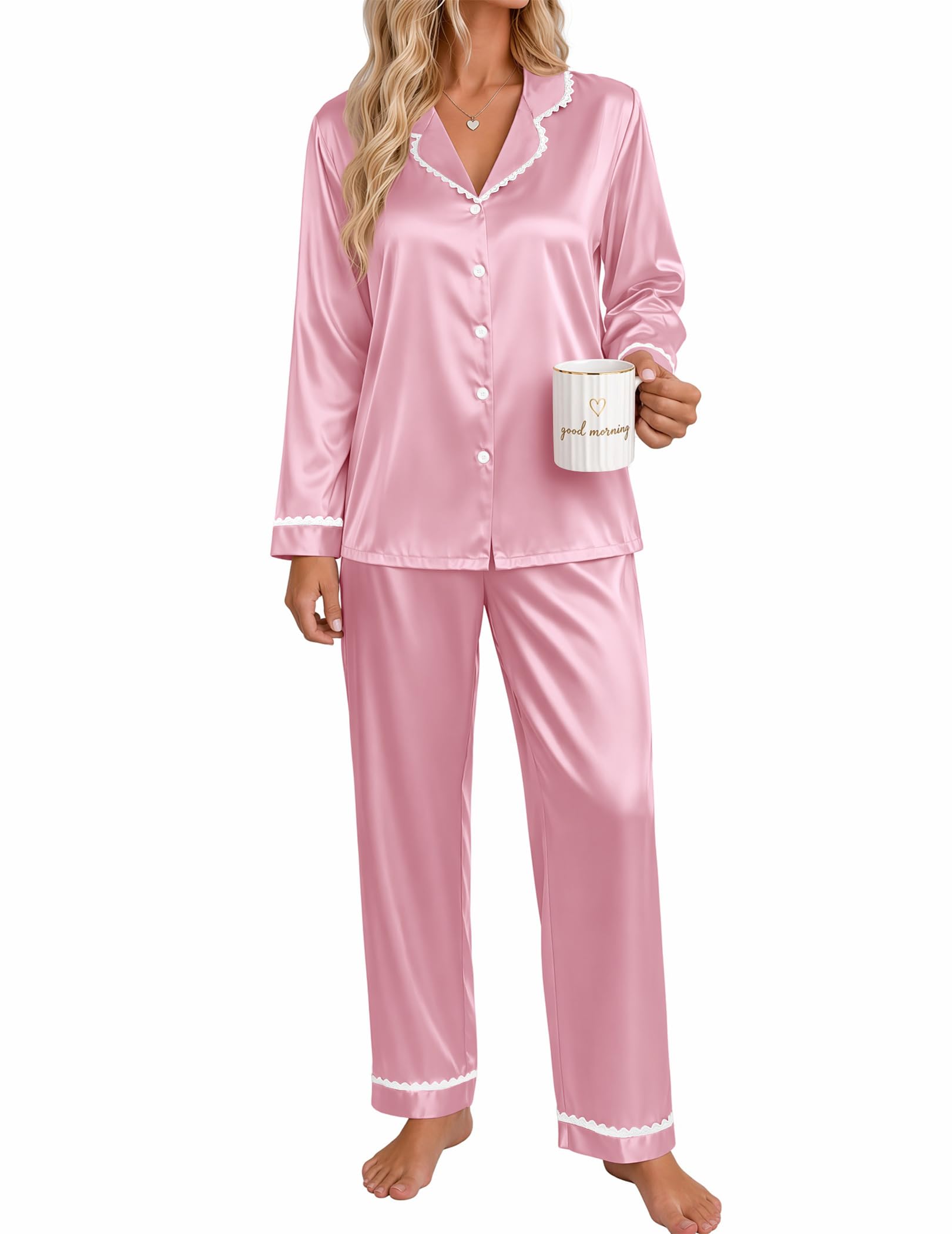 Ekouaer Satin Pajamas for Women Set 2 Piece Silk Pjs Long Sleeve Lounge Set