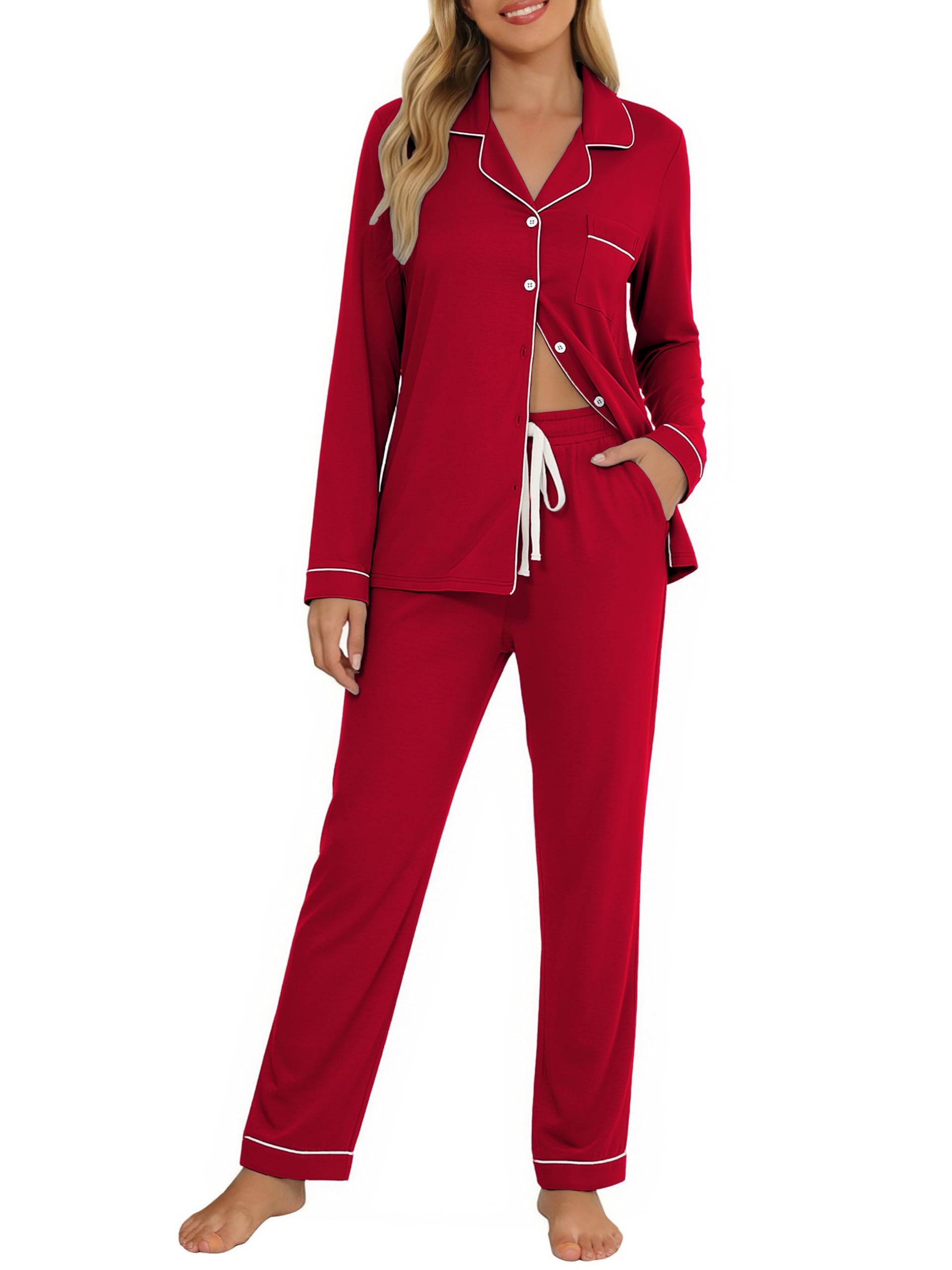 Senert Pajamas Set For Women Long Sleeve Sleepwear with Pocket Soft Button Down Shirt Long Pants Pj Lounge Sets S-XXL