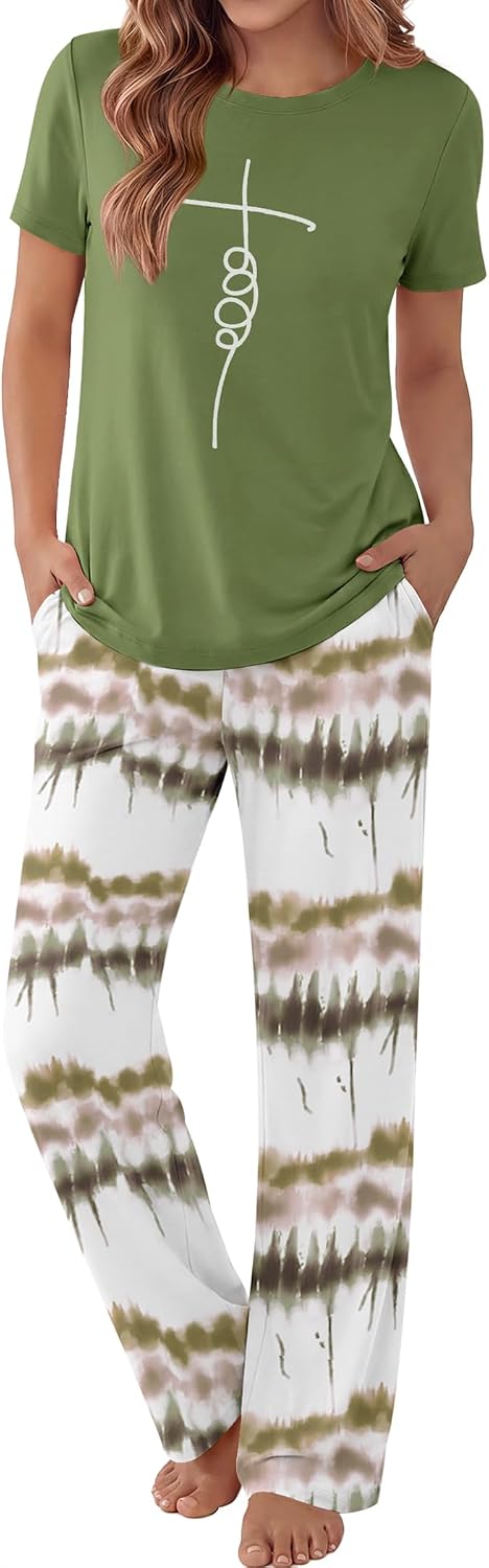 Ekouaer Pajama Set for Women 2 Piece Pjs Short Sleeve Top and Printed Pants