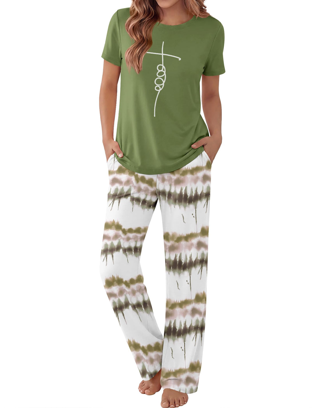 Ekouaer Pajama Set for Women 2 Piece Pjs Short Sleeve Top and Printed Pants