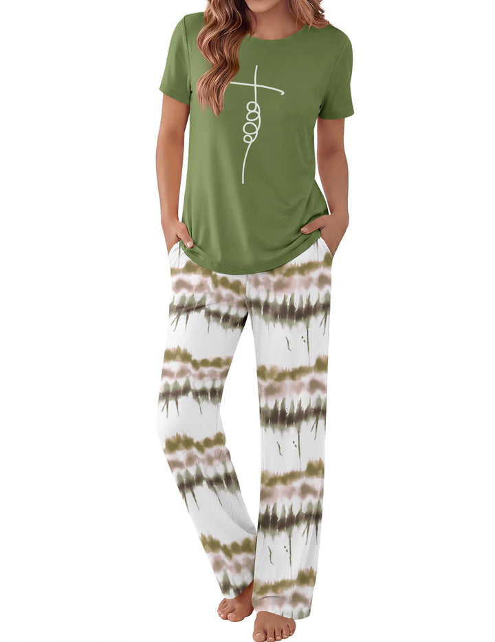 Ekouaer Pajama Set for Women 2 Piece Pjs Short Sleeve Top and Printed Pants