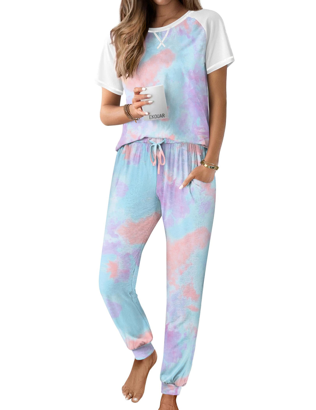 Ekouaer Pajamas for Women Set Short Sleeve PJ Set 2 Piece Jogger Pants
