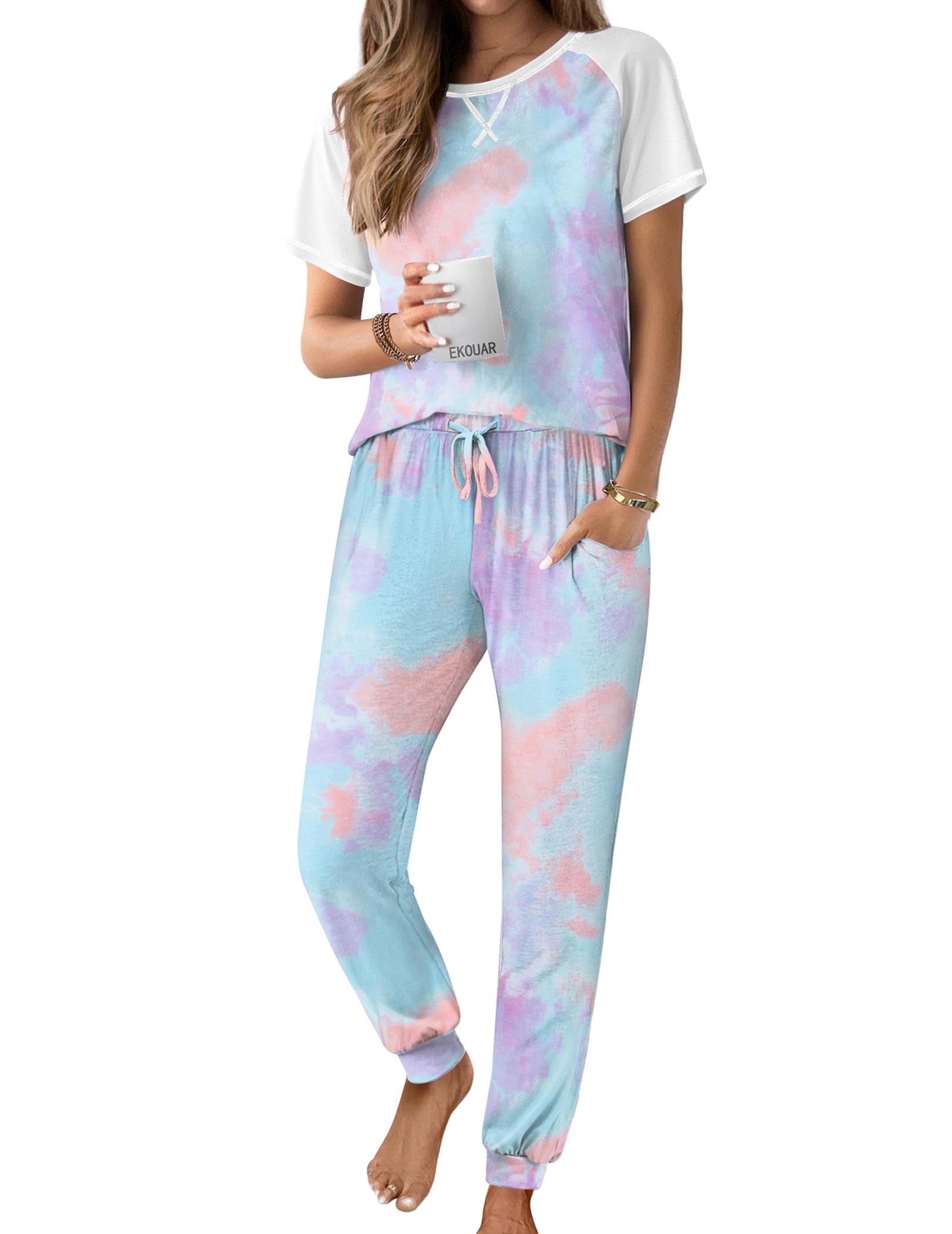 Ekouaer Pajamas for Women Set Short Sleeve PJ Set 2 Piece Jogger Pants