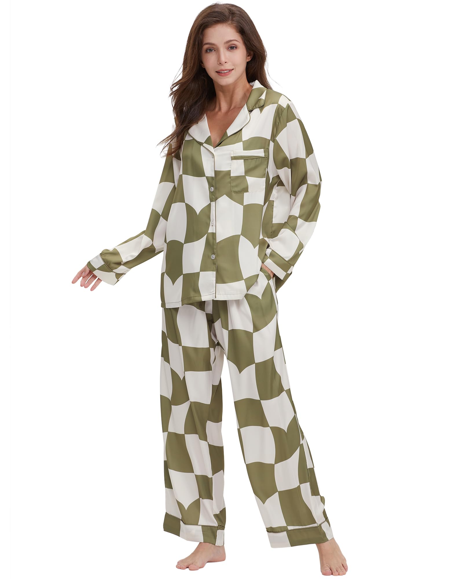 YiNi LuLu Womens Silk Satin Pajamas Set Button Down 2 Piece Pjs Long Sleeve Oversized Sleepwear with Pockets