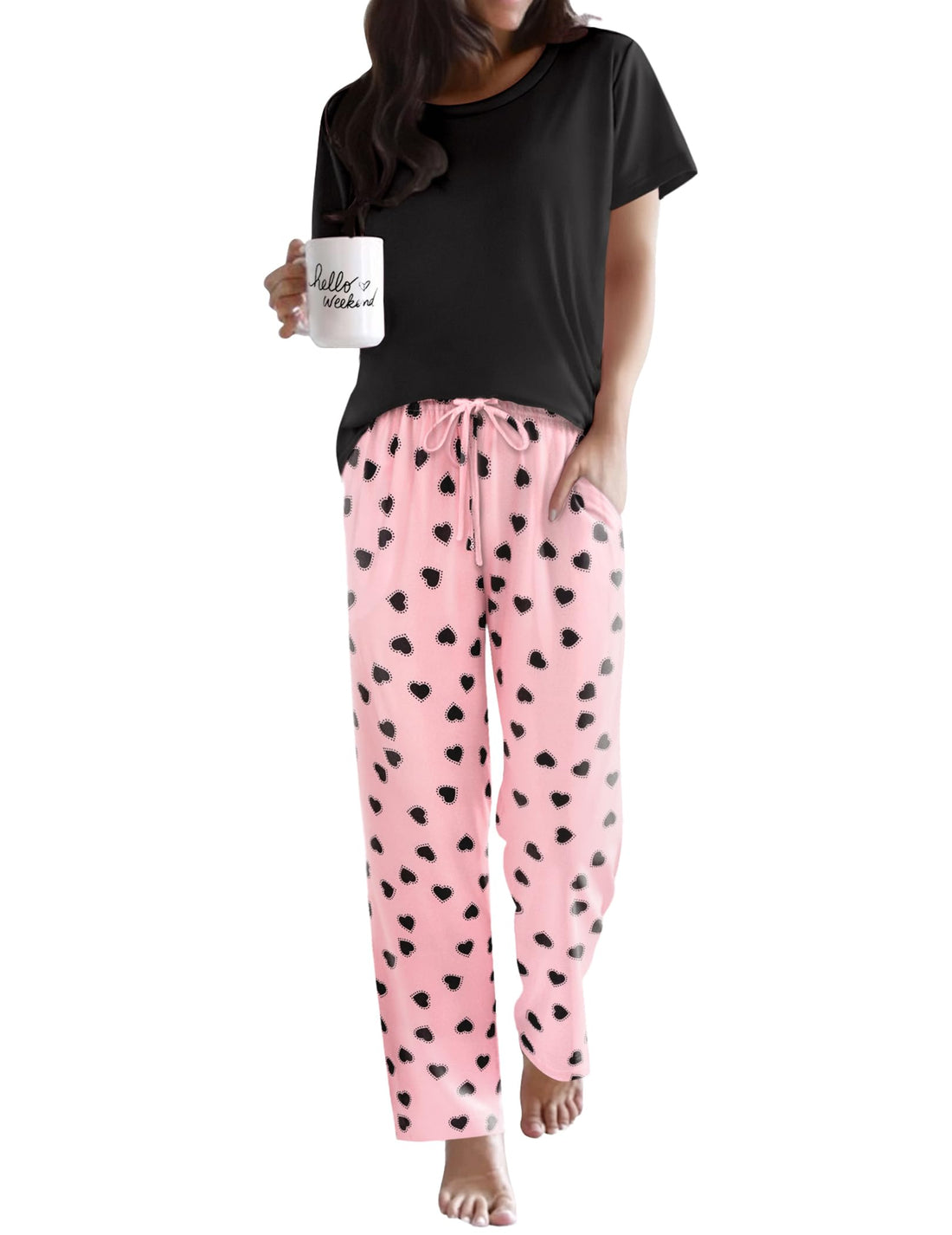 Ekouaer Womens Pajamas Sets Round Neck Pjs Loose Lounge Sets Sleepwear