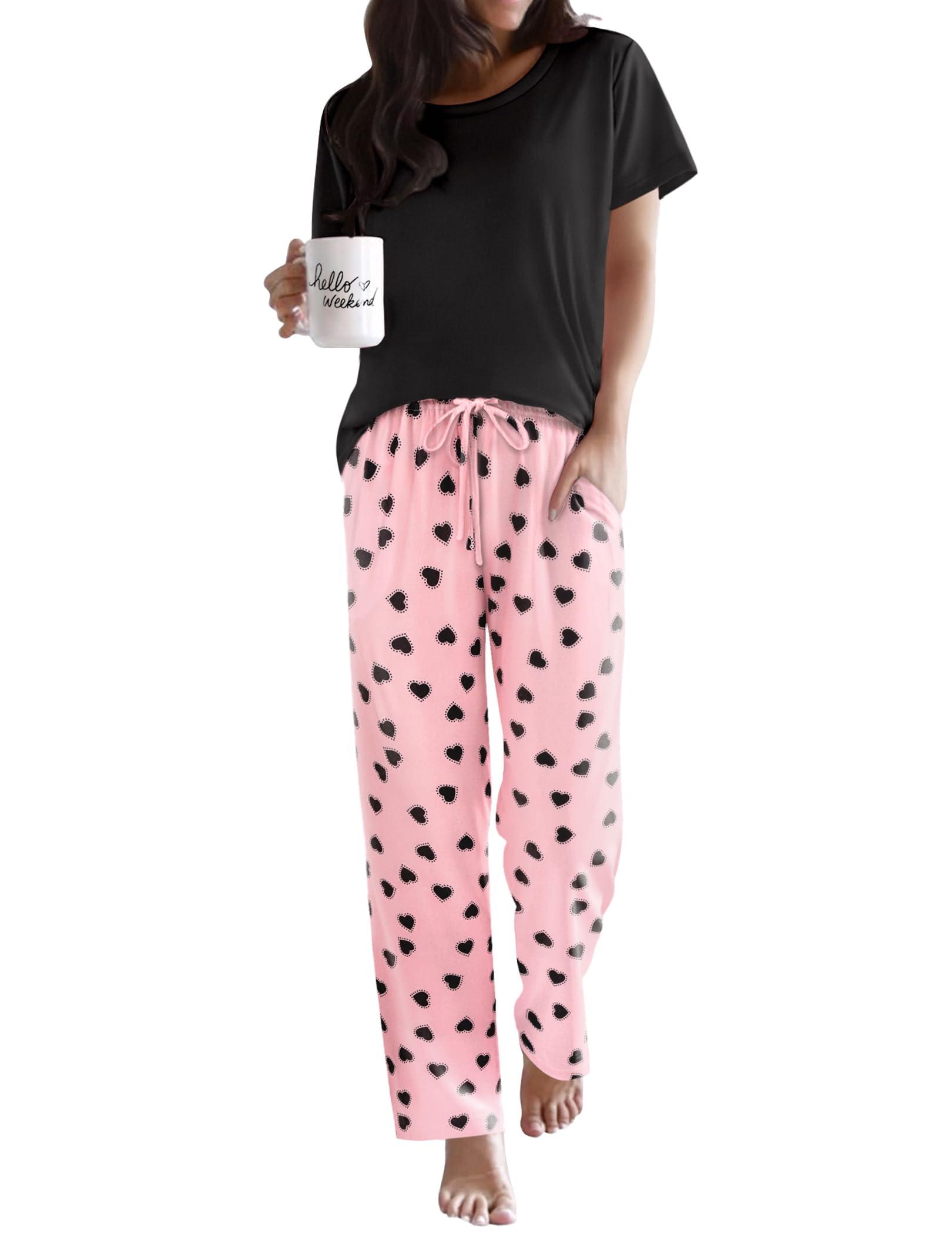 Ekouaer Womens Pajamas Sets Round Neck Pjs Loose Lounge Sets Sleepwear