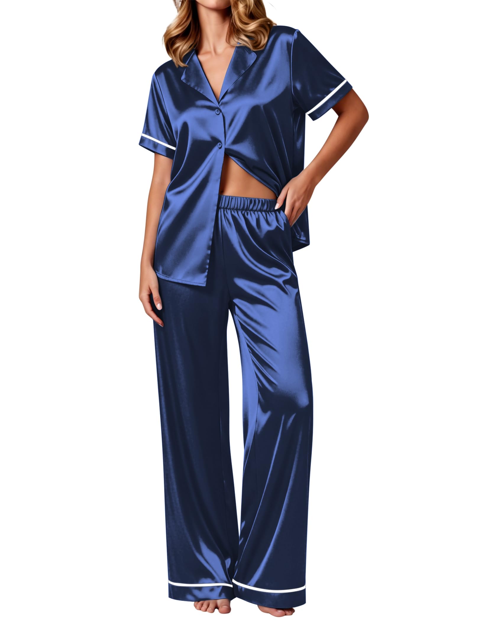Ekouaer Women's Silk Pajamas Set Short Sleeve Pjs Button Down Lounge Set