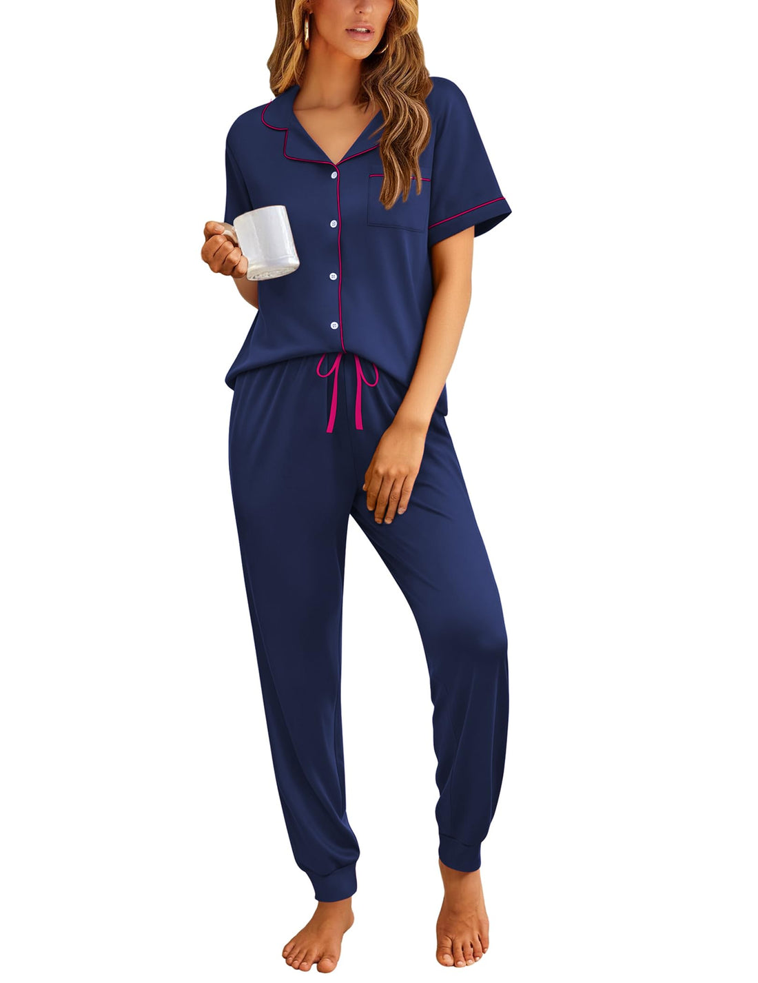 Ekouaer Women Pajama Set Short Sleeve Button Down Pjs with Jogger Pants