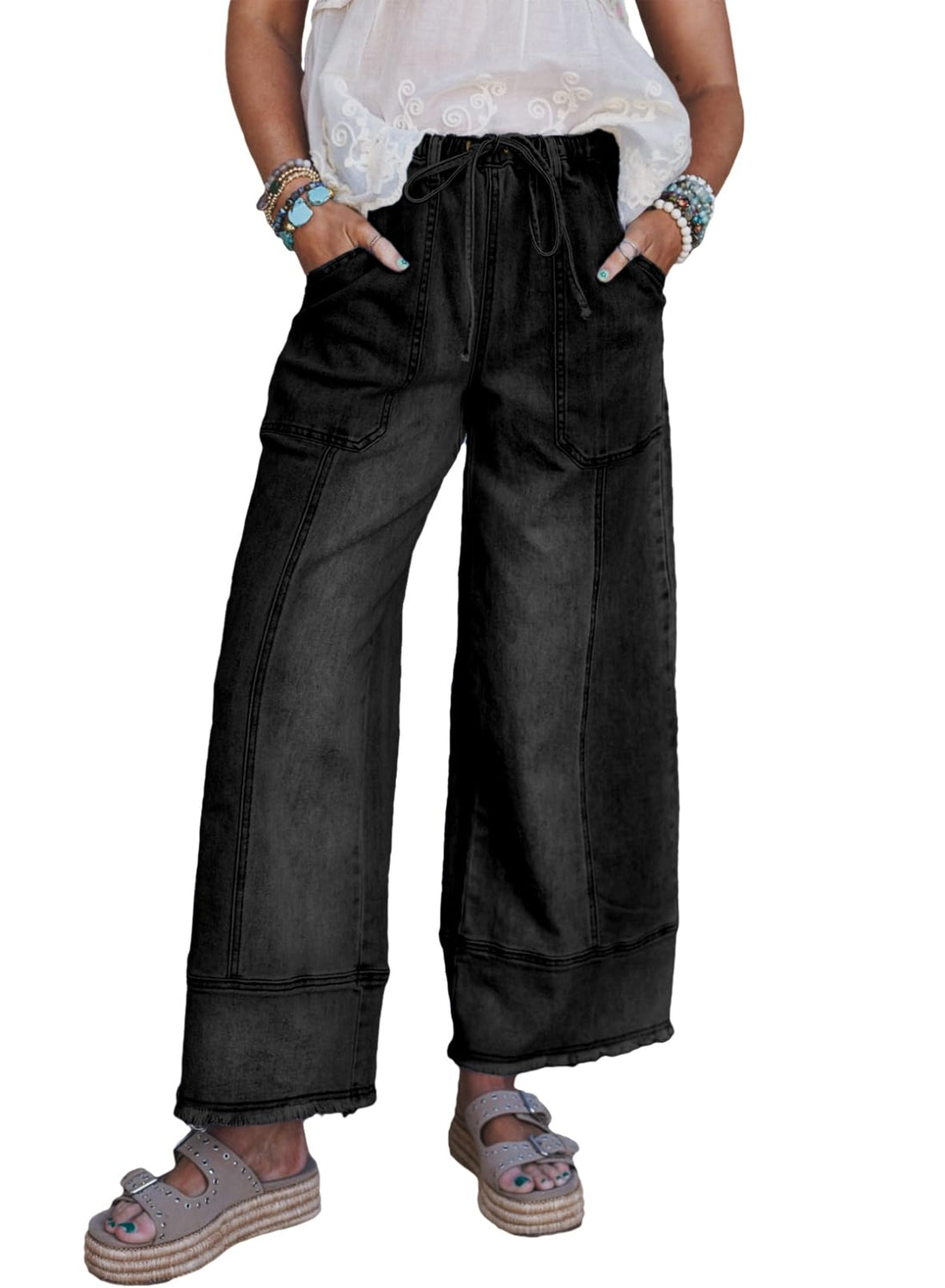 SHEWIN Women's Wide Leg Jeans High Waisted Baggy Jeans Stretchy Drawstring Denim Pants