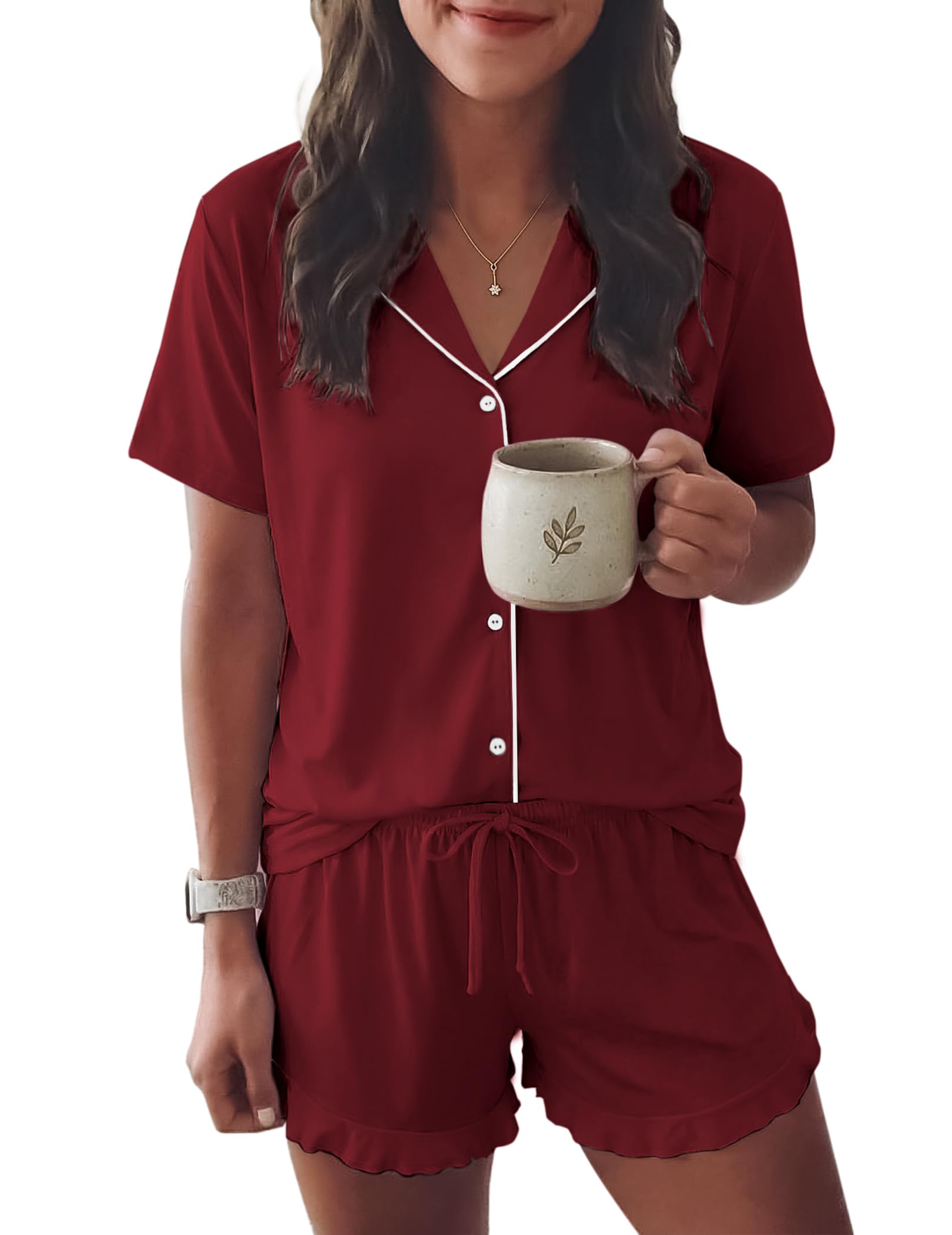Ekouaer Womens Pajama Sets Button Down Cute Ruffled Pjs Set Sleepwear