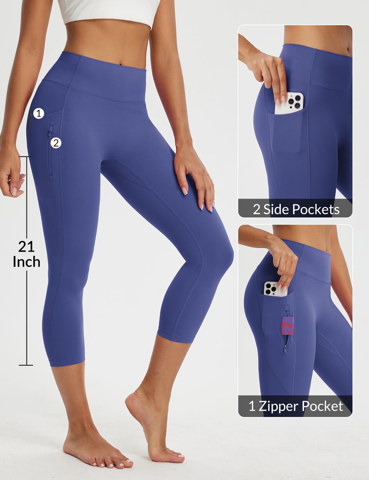 baleaf Women's Capri Leggings with 3 Pockets Tummy Control 21" Inseam Workout Capris Yoga Pants