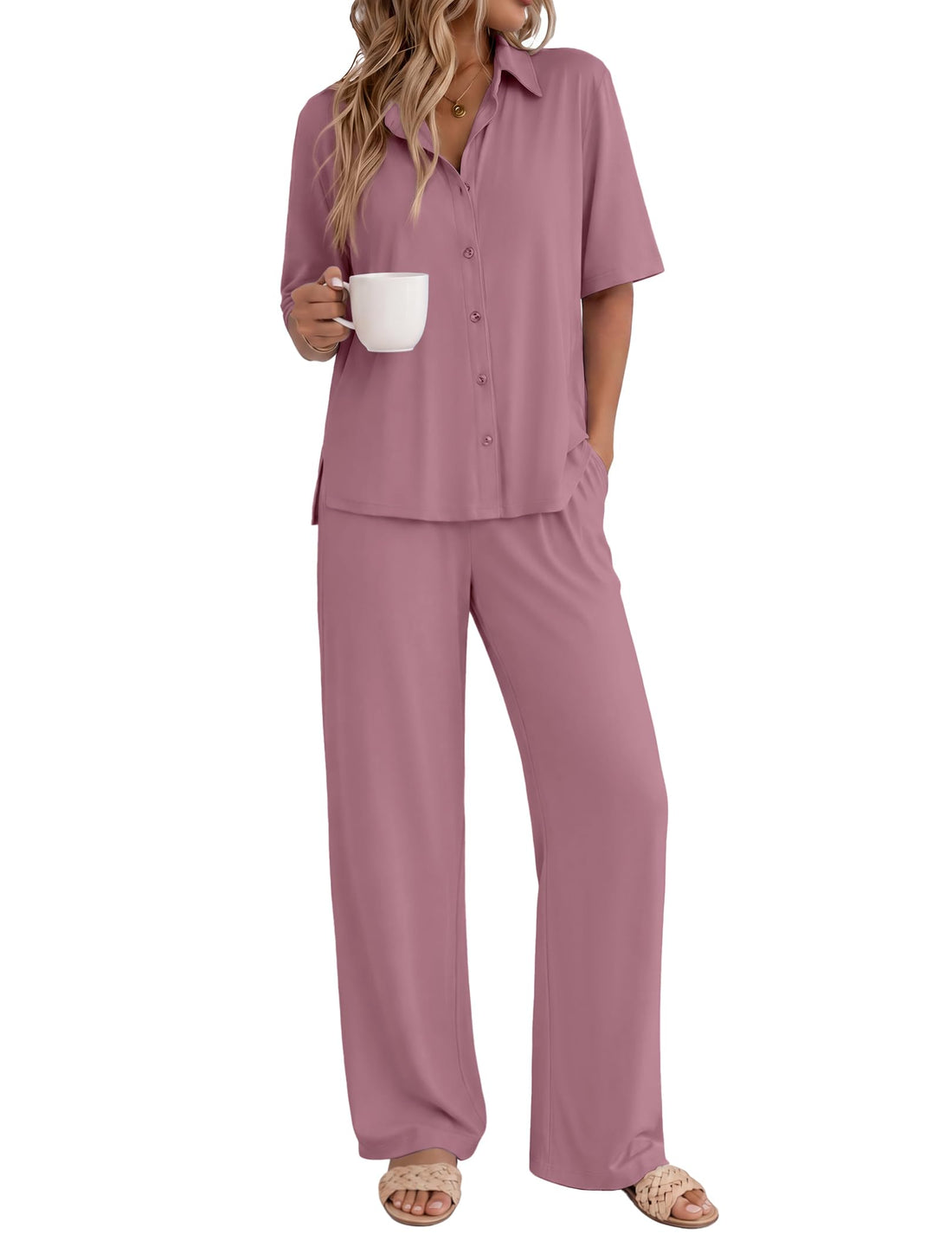 Ekouaer Pajamas for Women Set Button Up Short Sleeve Pjs with Long Pants