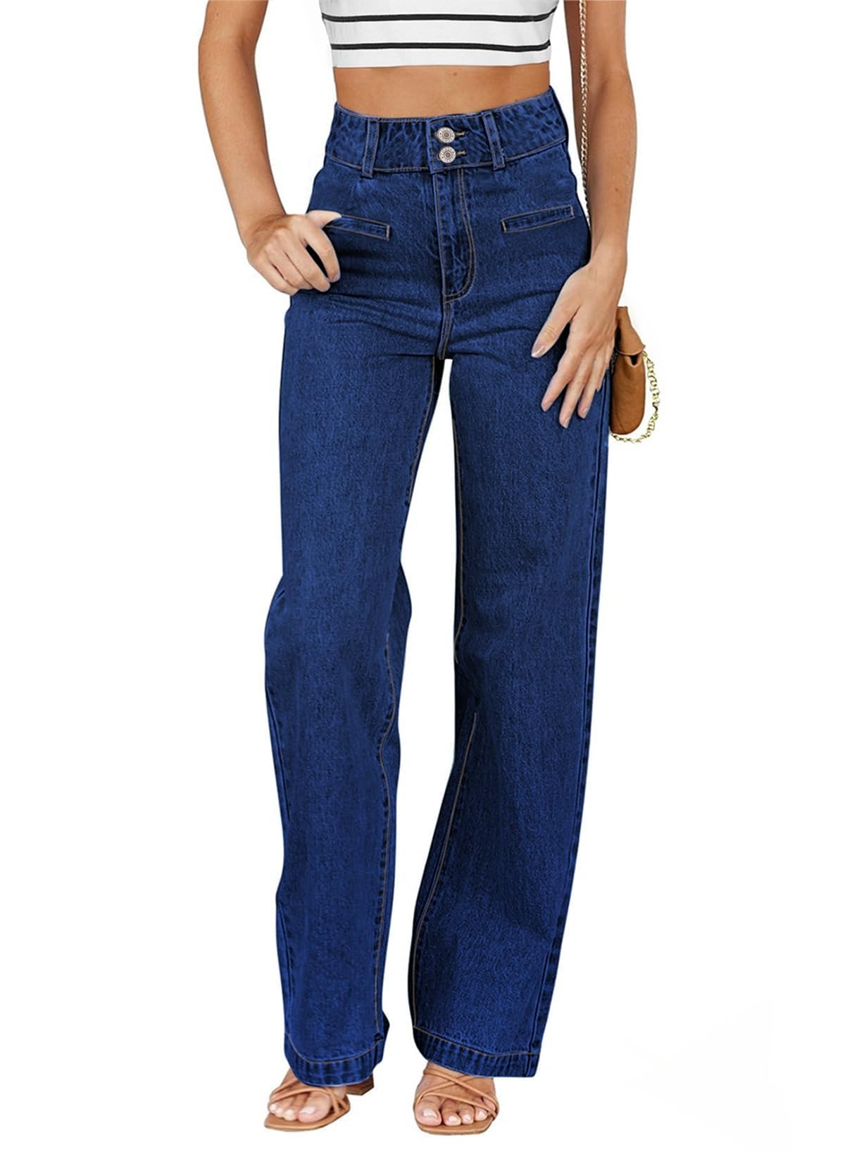 Sidefeel Women's Jeans High Waisted Straight Leg Stretchy Jeans Trendy Loose Wide Leg Zimbaplatinum Denim Pants with Pockets