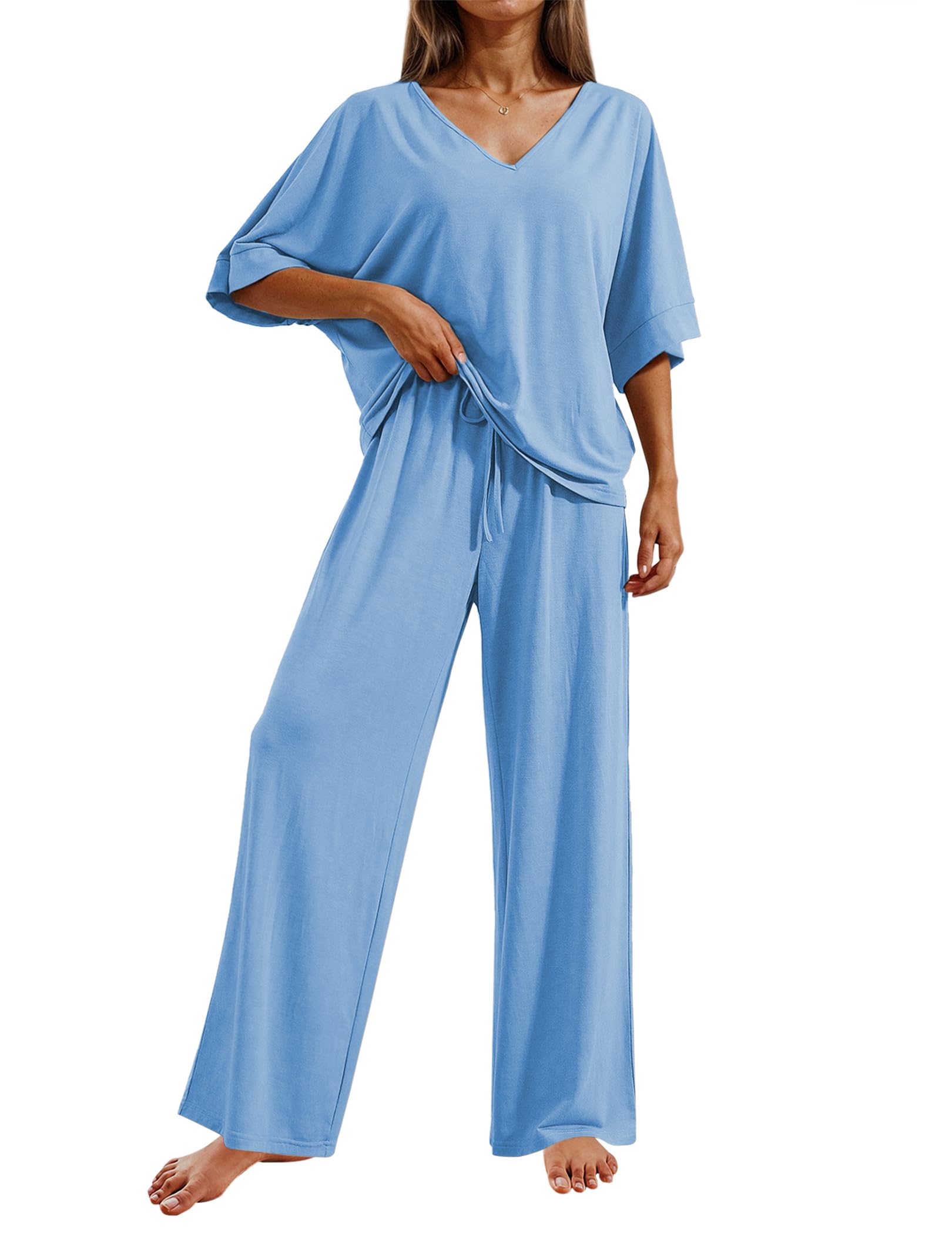 Ekouaer Pajama Sets Womens 2 Piece Short Sleeve Long Pants Pjs Lounge Set