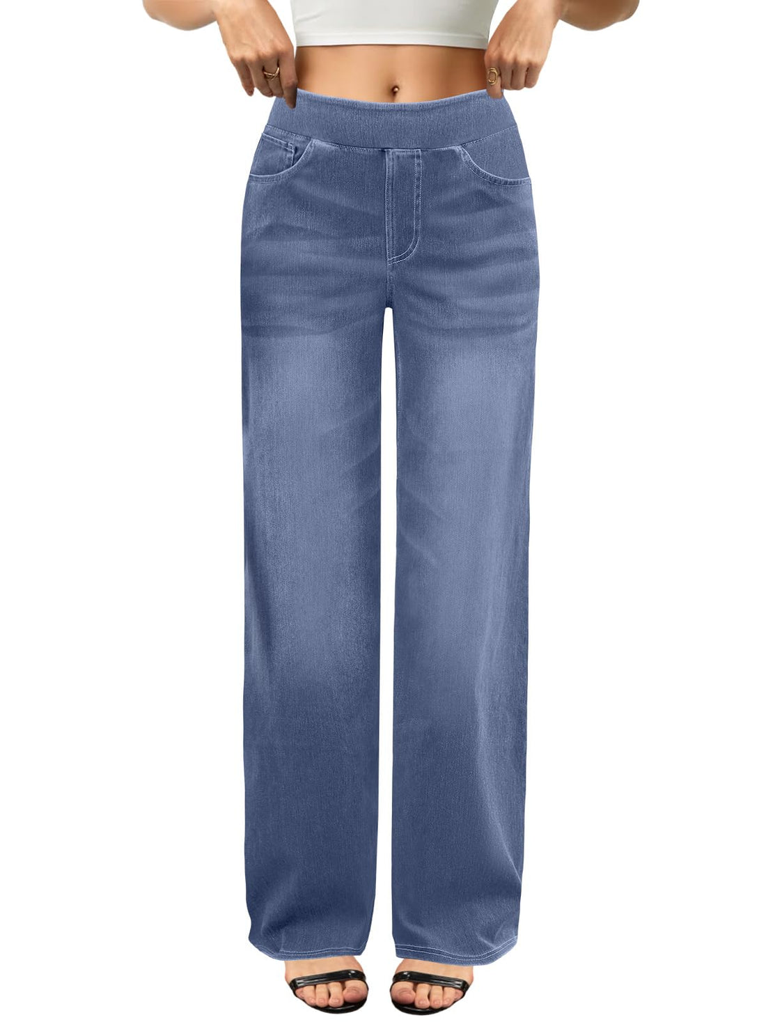 COPYLEAF Wide Leg Jeans Woman High Waisted Stretchy Baggy Sweatpant Jeans Pull On Straight Leg Loose Trendy Denim Pants