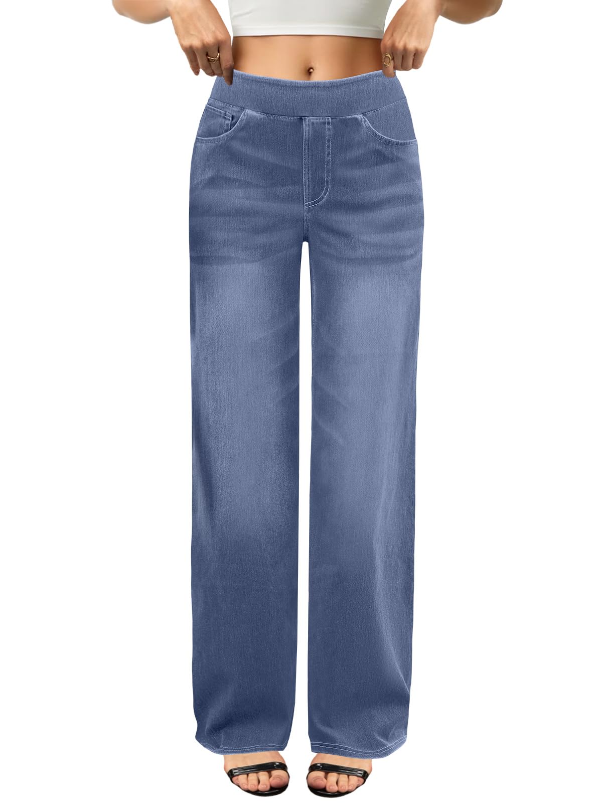 COPYLEAF Wide Leg Jeans Woman High Waisted Stretchy Baggy Sweatpant Jeans Pull On Straight Leg Loose Trendy Denim Pants