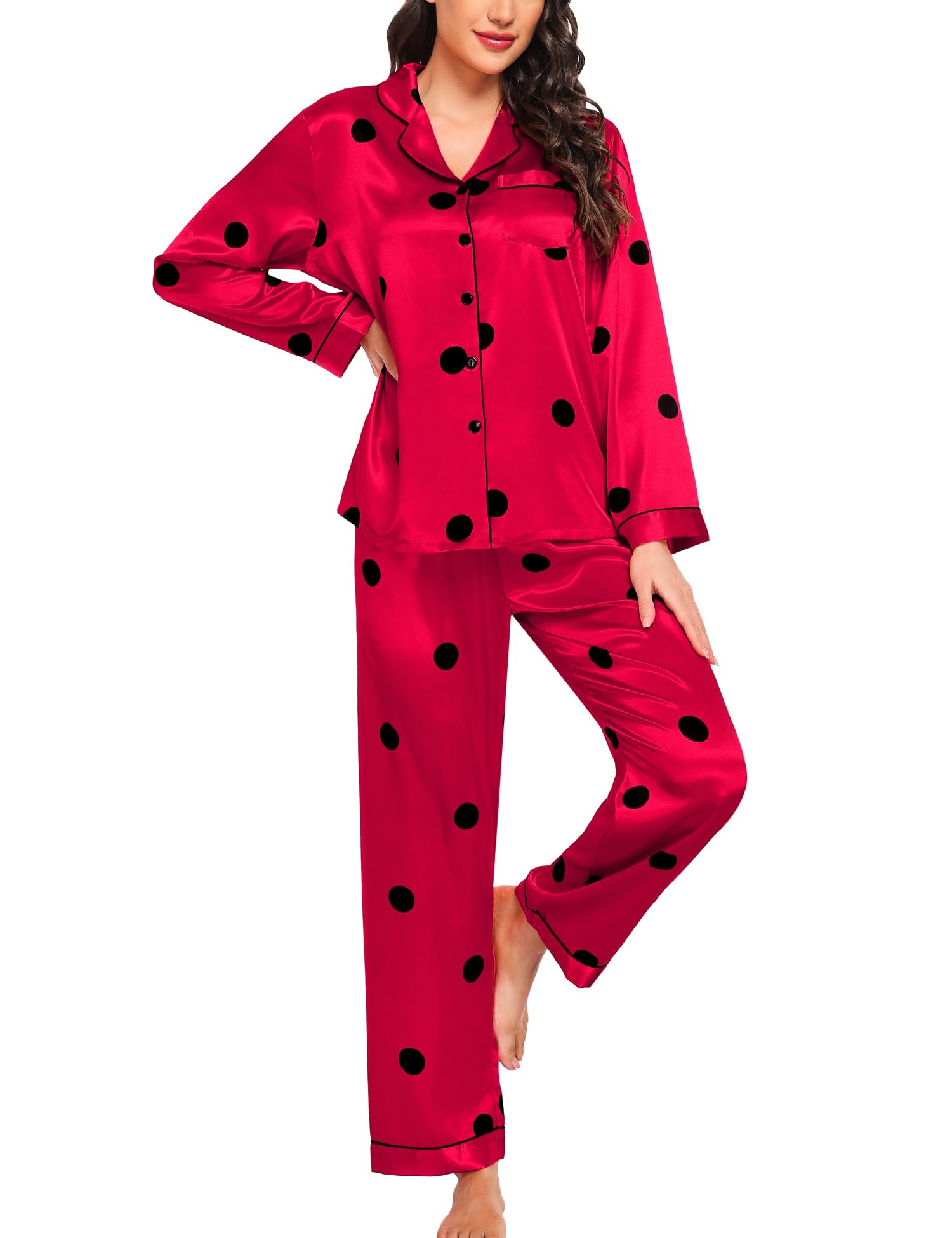 SWOMOG Womens Silk Satin Pajamas Set Long Sleeve Button Down Sleepwear 2 Piece Lounge Set Pj Set XS-3XL