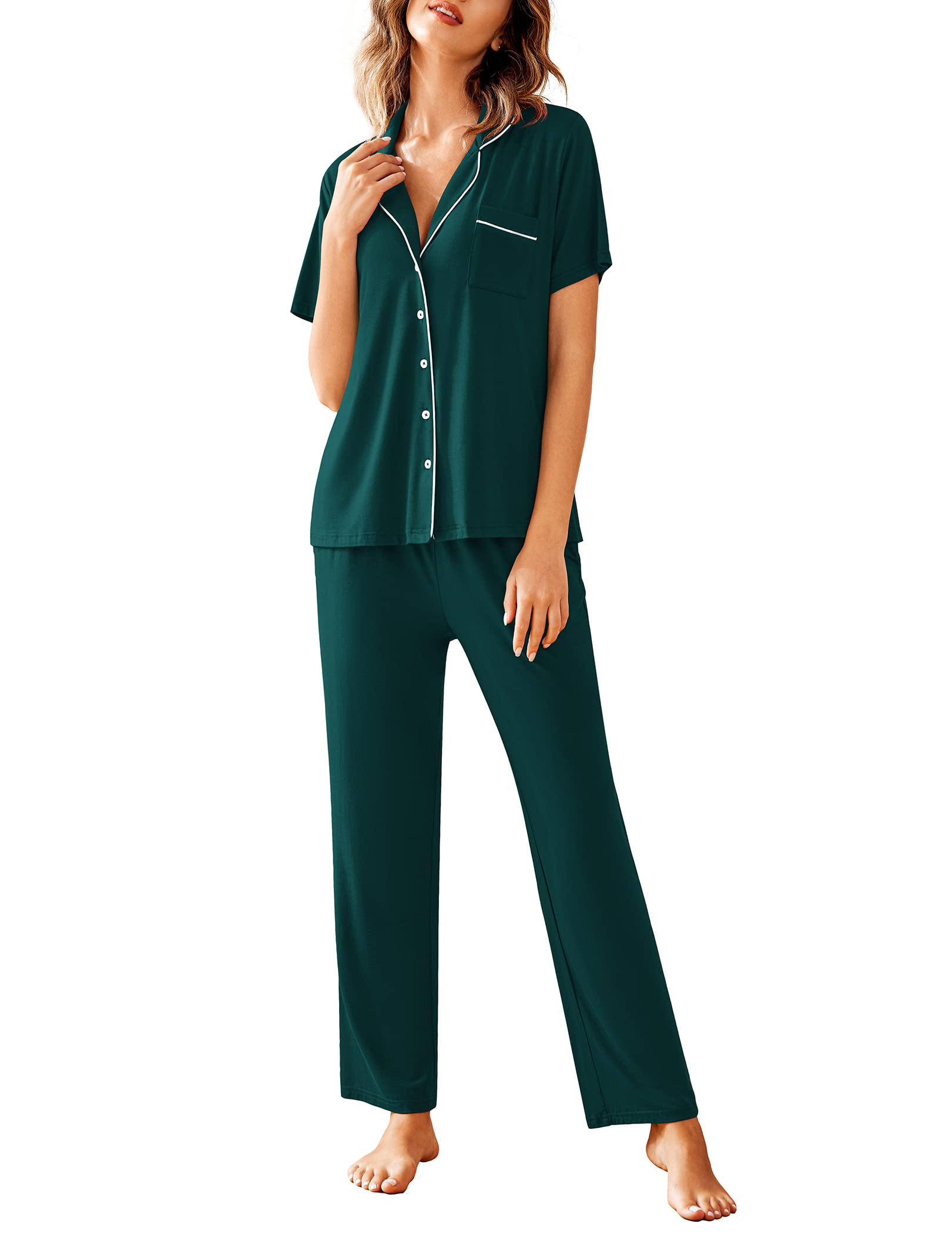 Avidlove Women Pajamas Set Notch Collar Soft Sleepwear Pjs Short Sleeve Button Down Nightwear with Long Pants