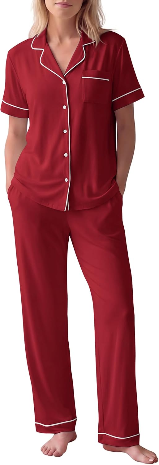 HNG Women Pajamas Set 2 Piece Button Up Pajamas Pant and Short Sleeve Shirt for Woman Pj Sets with Pocket