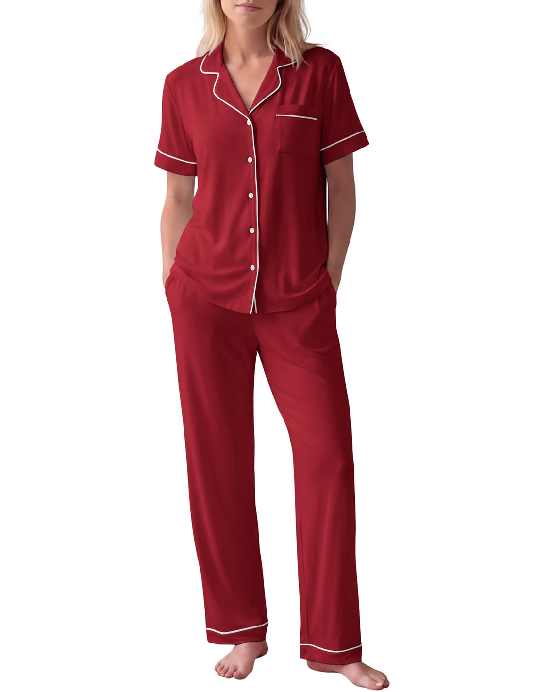 HNG Women Pajamas Set 2 Piece Button Up Pajamas Pant and Short Sleeve Shirt for Woman Pj Sets with Pocket