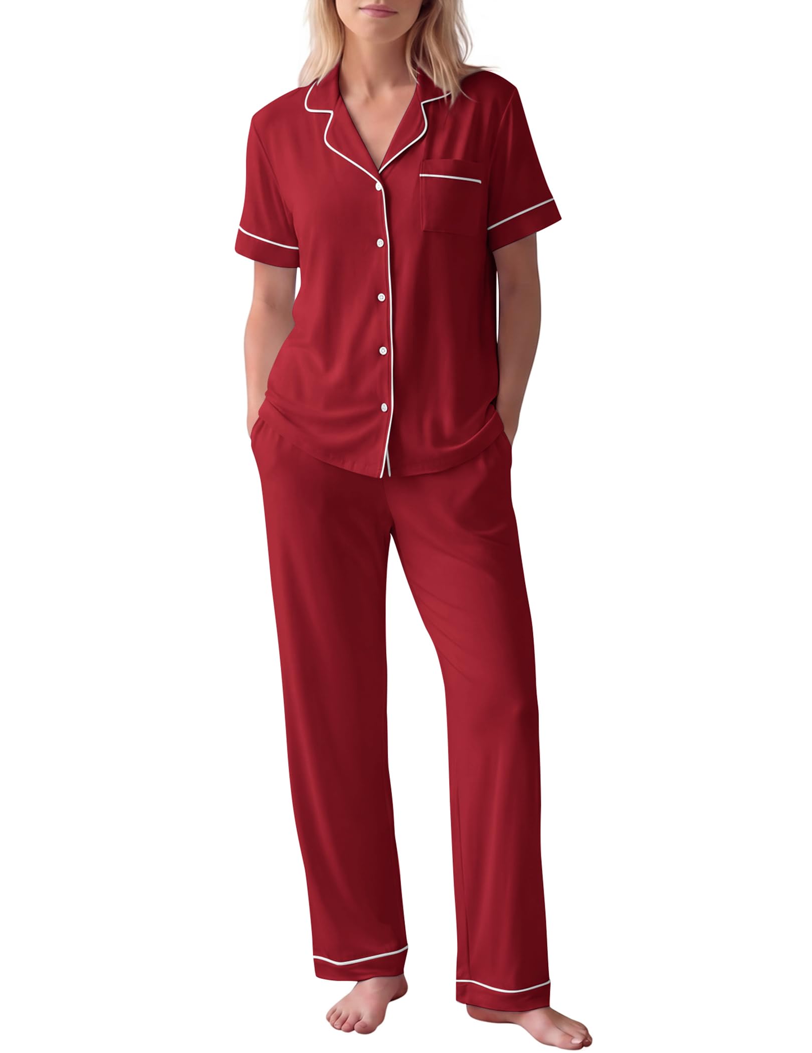 HNG Women Pajamas Set 2 Piece Button Up Pajamas Pant and Short Sleeve Shirt for Woman Pj Sets with Pocket