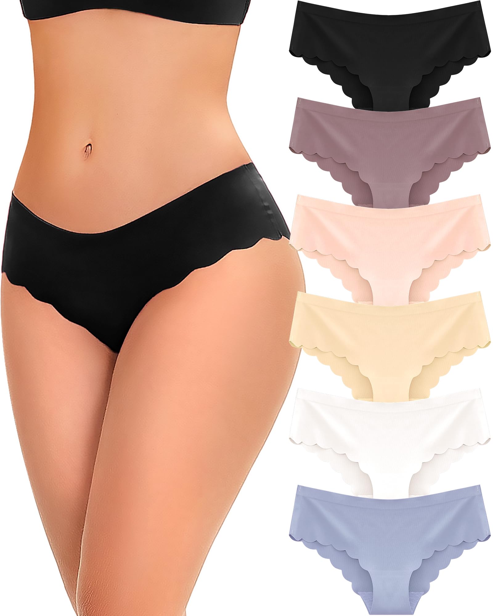 FINETOO 6 pack Seamless Underwear for Women Sexy Low Rise Hipster Wave Edge No Show Bikini Panties Womens Cheeky S-XL