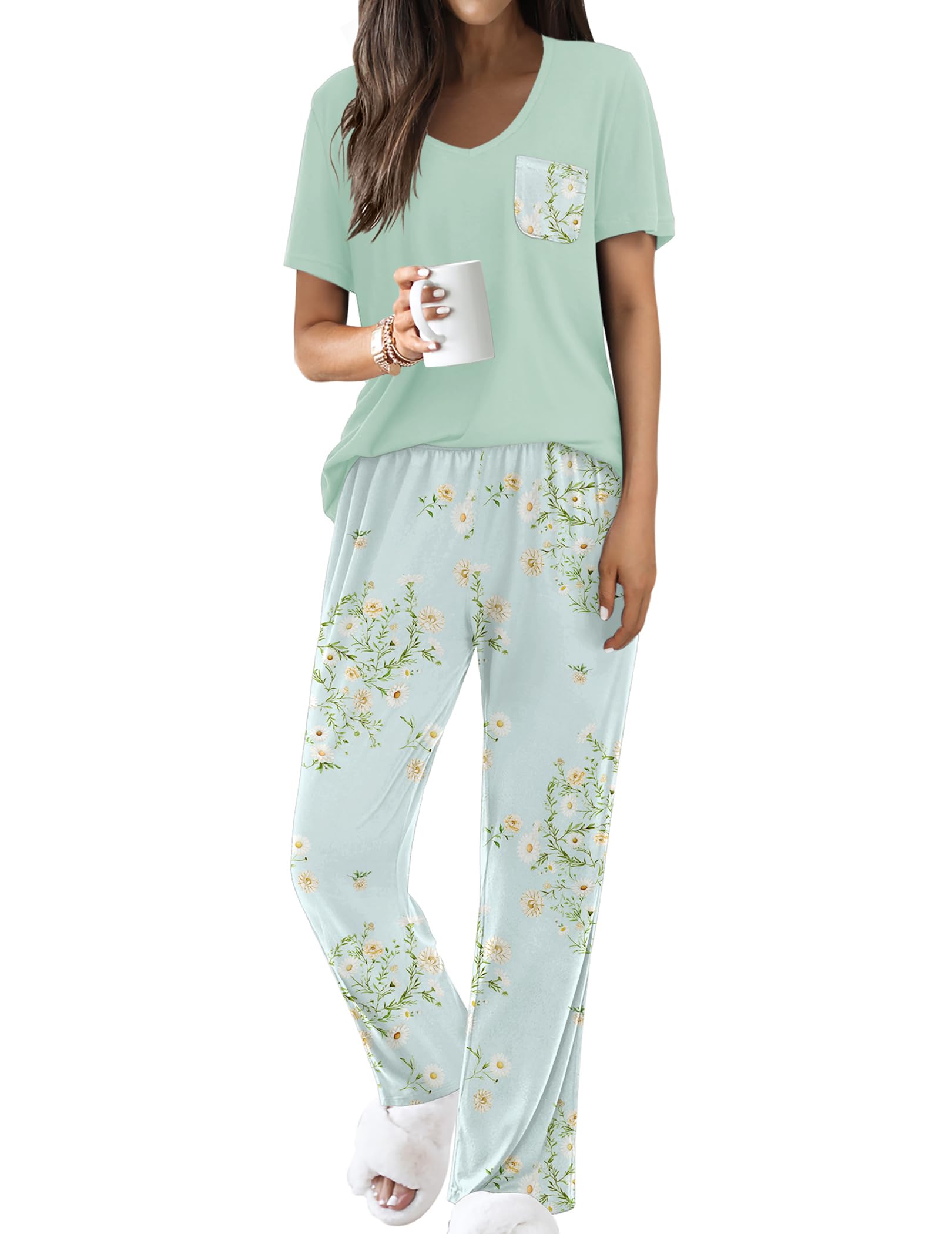 Ekouaer Pajama Sets for Women 2 Piece Short Sleeve Pj V Neck Chest Pocket