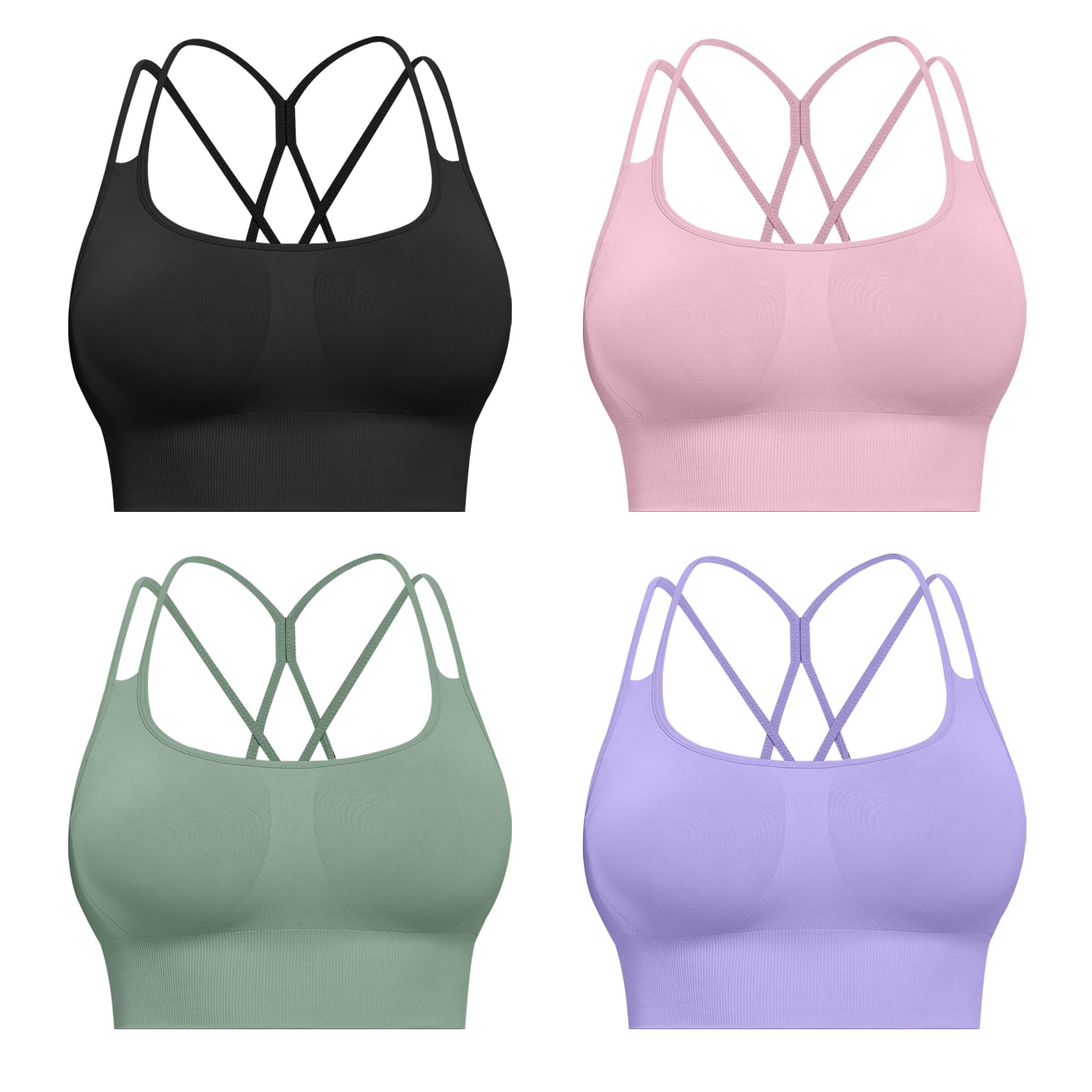 CHRLEISURE Sports Bras for Women, 4 Packs Padded High Support Workout Yoga Seamless Criss-Cross Racerback Bras