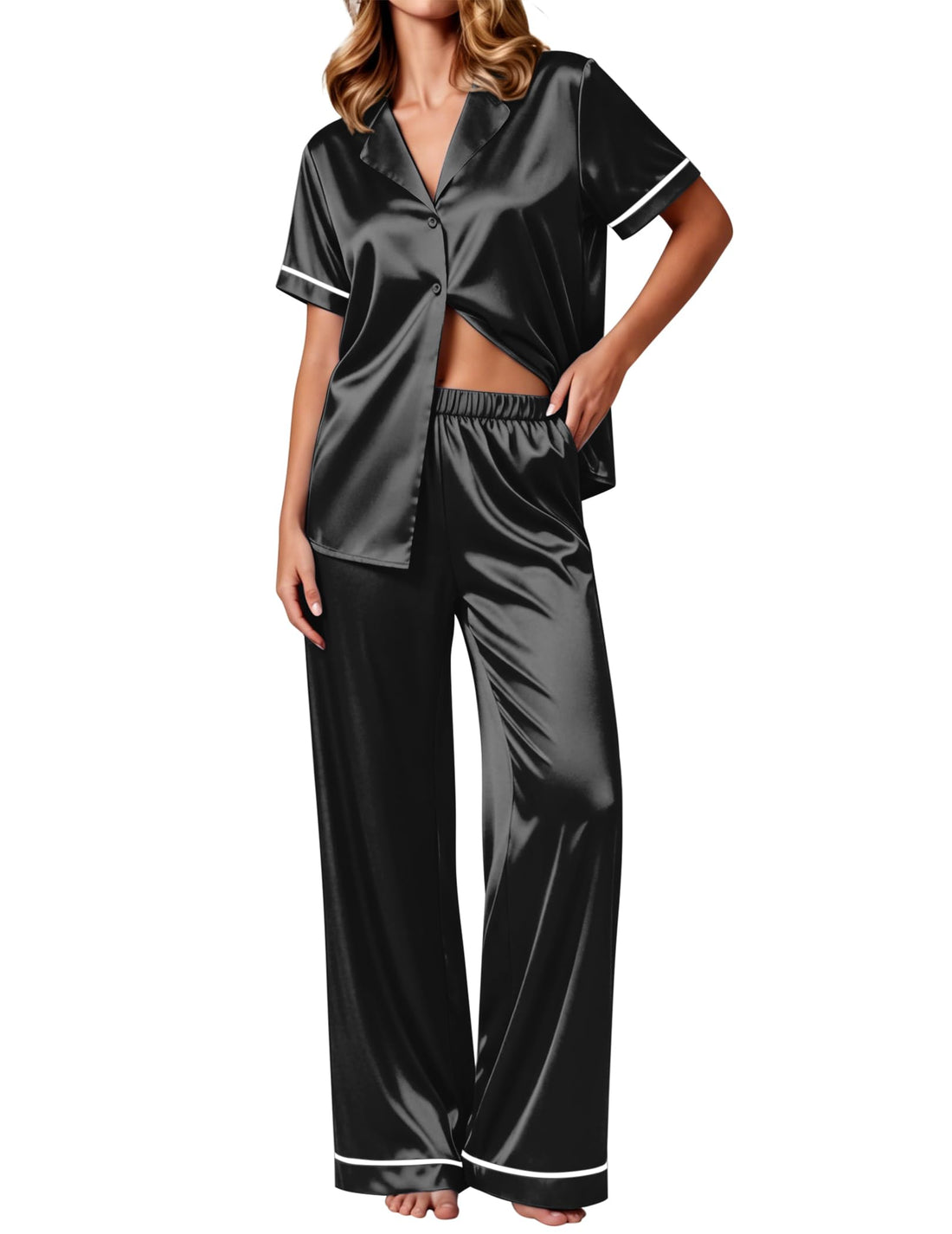 Ekouaer Women's Silk Pajamas Set Short Sleeve Pjs Button Down Lounge Set
