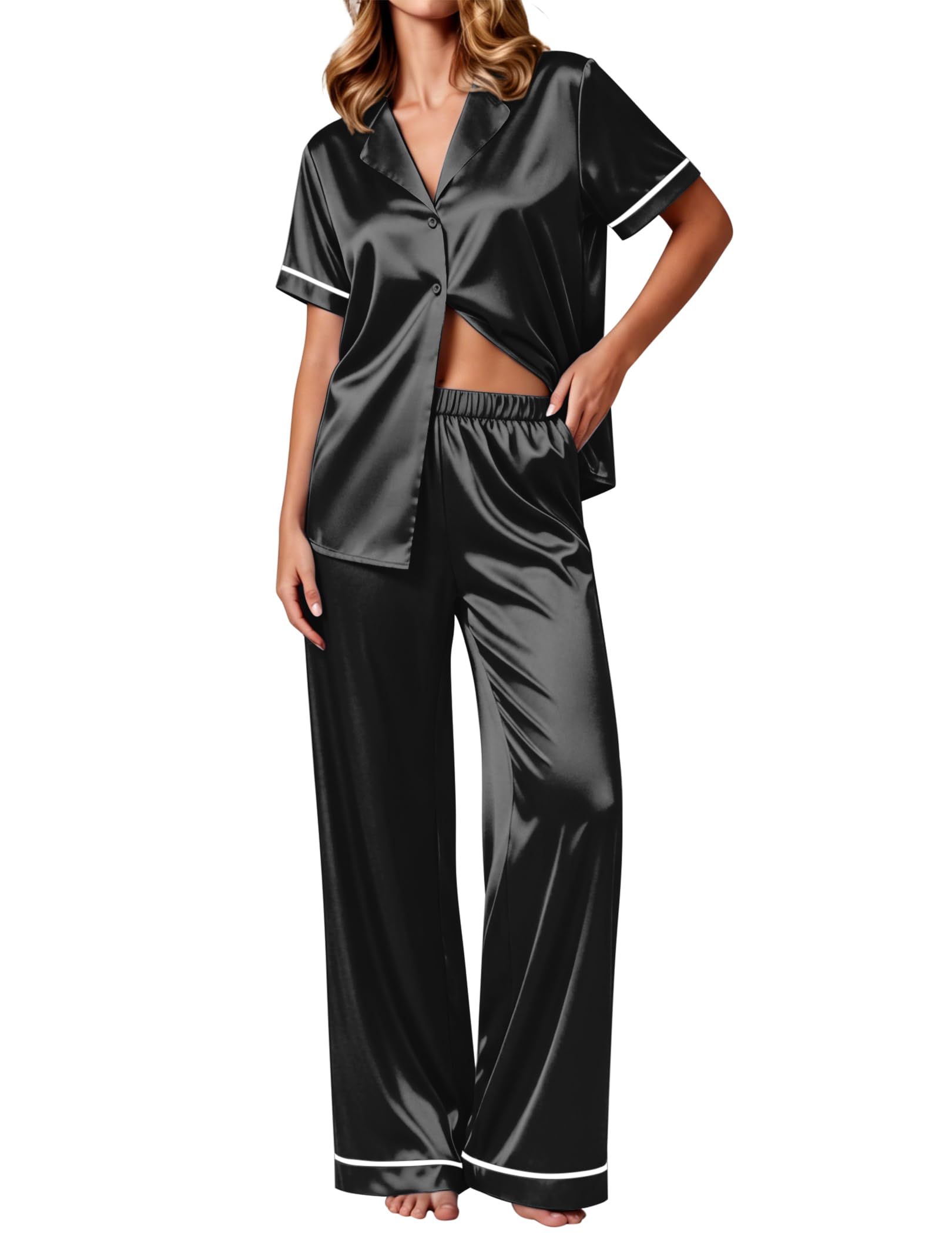 Ekouaer Women's Silk Pajamas Set Short Sleeve Pjs Button Down Lounge Set