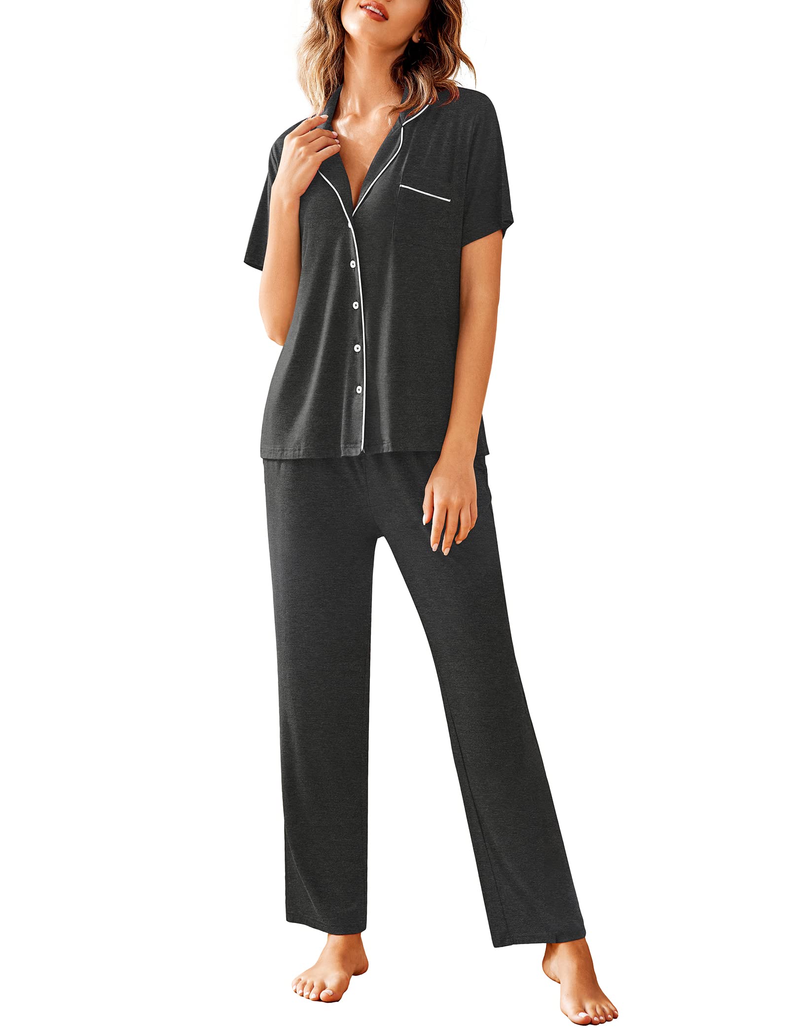 Avidlove Women Pajamas Set Notch Collar Soft Sleepwear Pjs Short Sleeve Button Down Nightwear with Long Pants