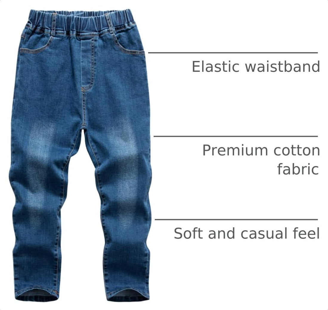 Boys' Blue Denim Jeans Elastic Waist Cotton Pants for Kids