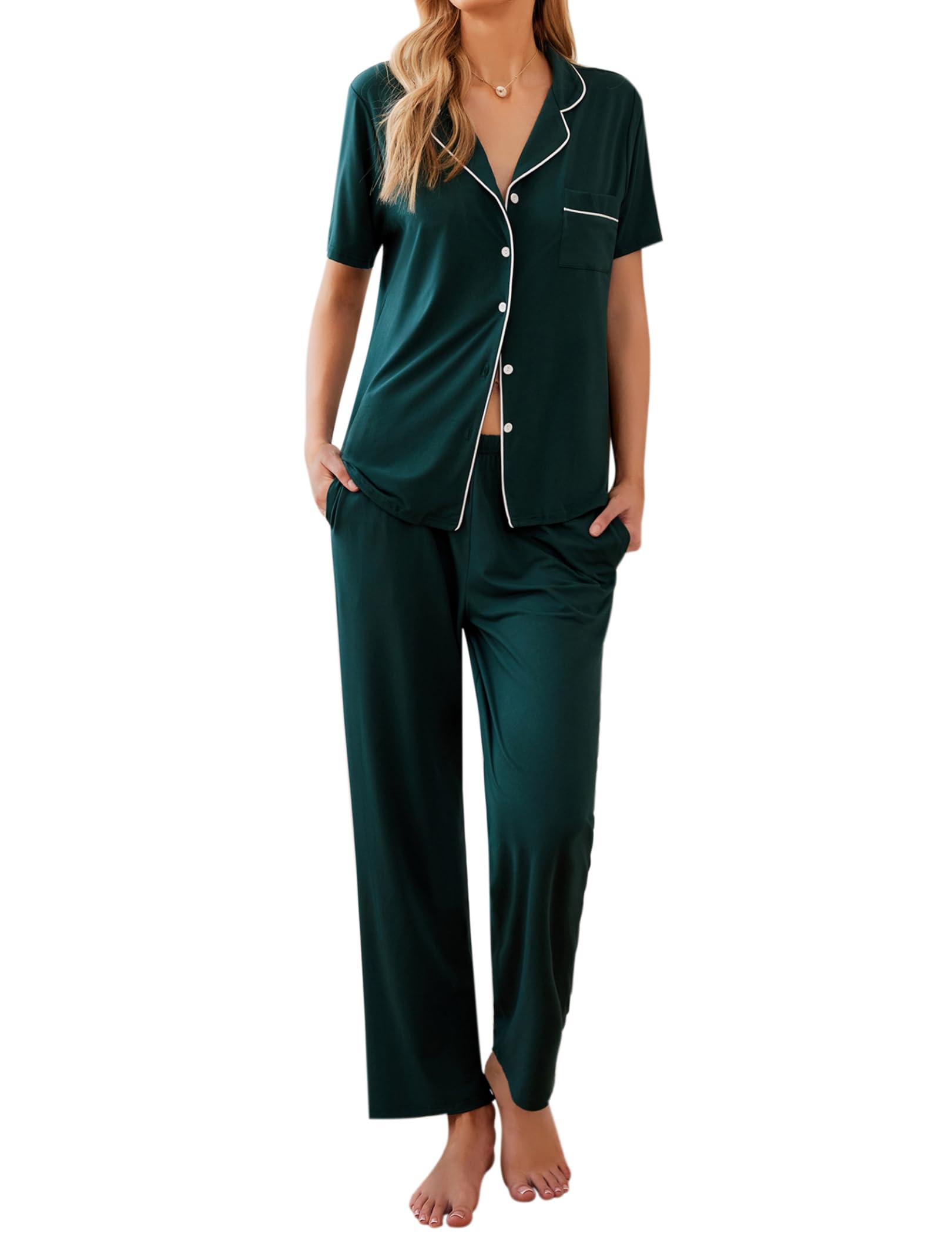 Ekouaer Womens Pajamas Set Short Sleeve Button Down Top & Pants Lounge Pjs