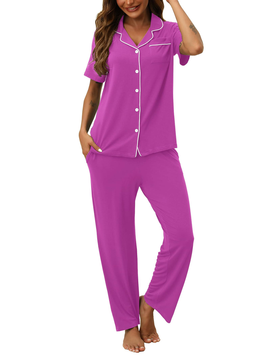 HNG Women Pajamas Set 2 Piece Button Up Pajamas Pant and Short Sleeve Shirt for Woman Pj Sets with Pocket