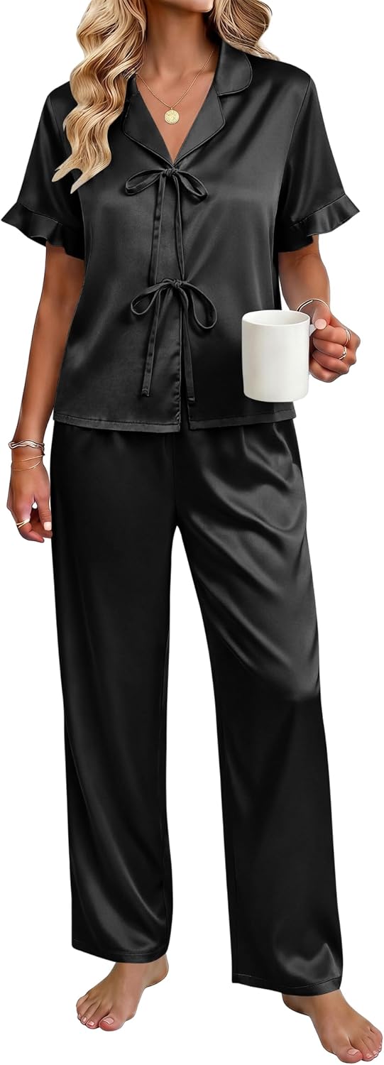 Ekouaer Womens Satin Pajama Sets Silky Tie Front Ruffle Pjs Sets Sleepwear