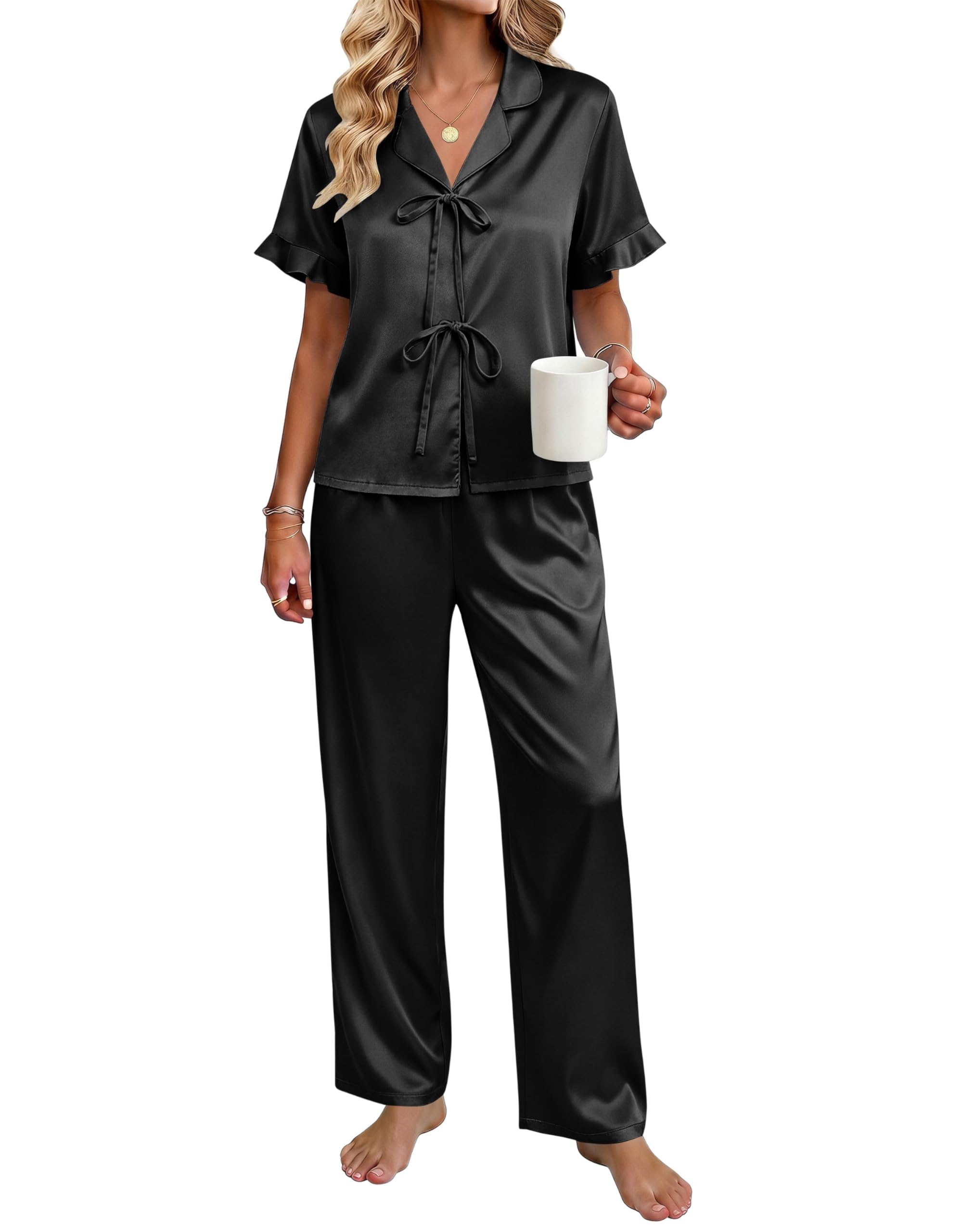 Ekouaer Womens Satin Pajama Sets Silky Tie Front Ruffle Pjs Sets Sleepwear