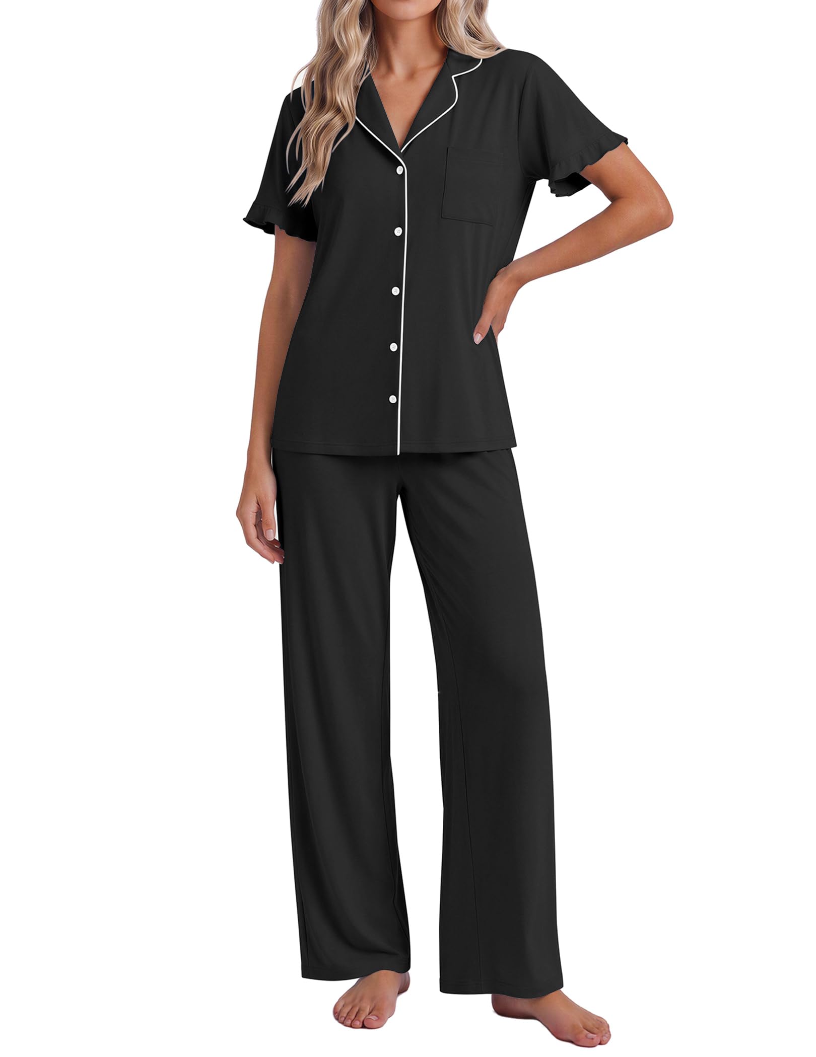 Ekouaer Pajamas for Women Set Button Up Soft Pjs Short Sleeve Lounge Sets