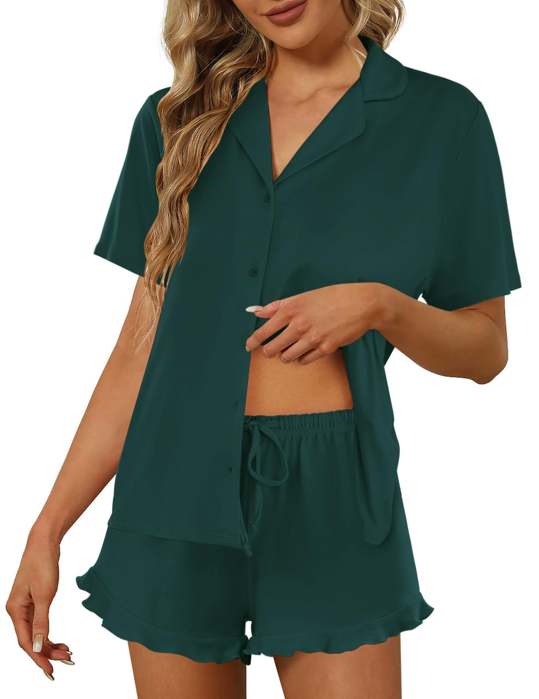 Ekouaer Pajamas Set for Women Short Sleeve Sleepwear Button Down Ruffle Pjs