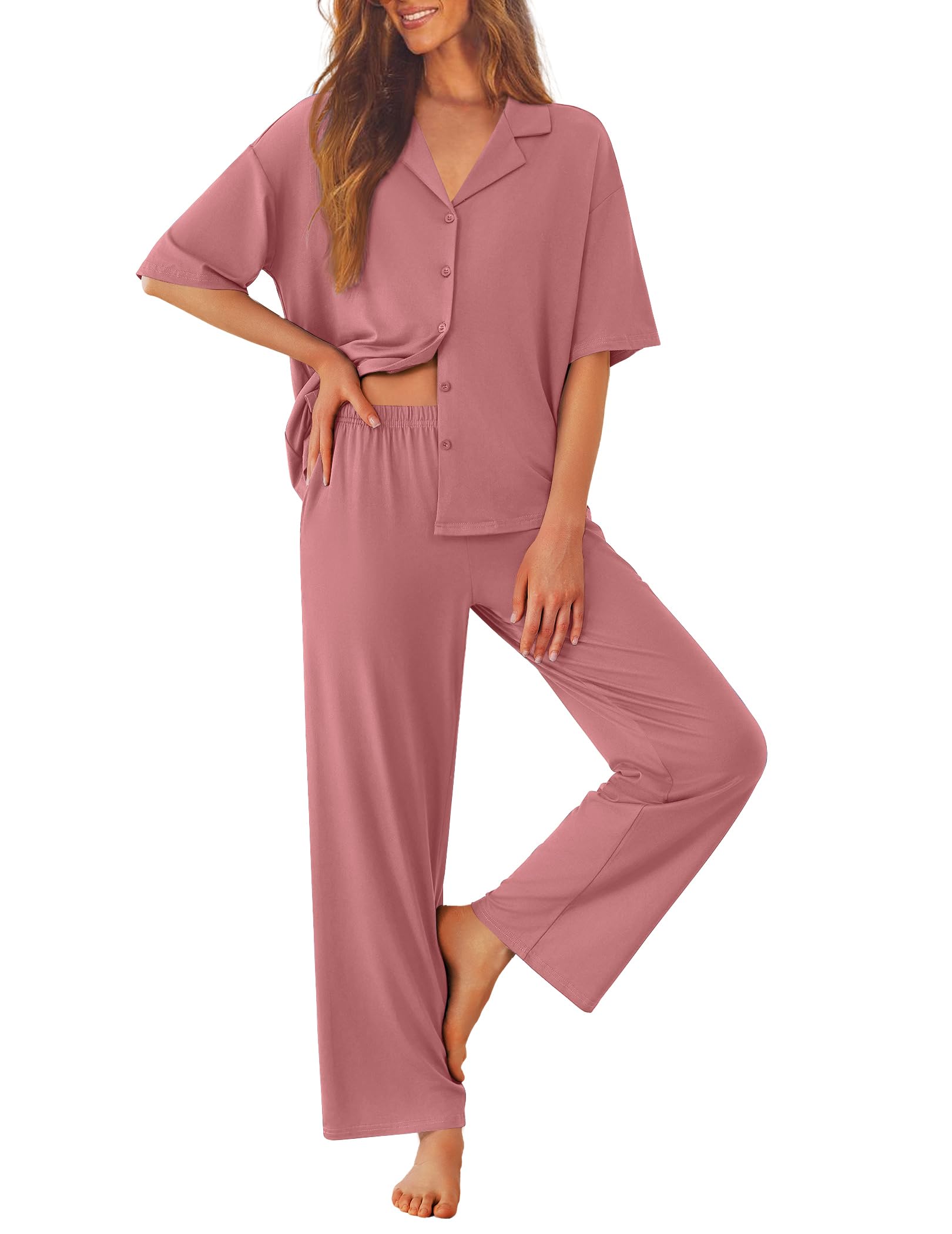 Ekouaer Women Pajamas Set Button Down Sleepwear Short Sleeve Pjs Long Pants