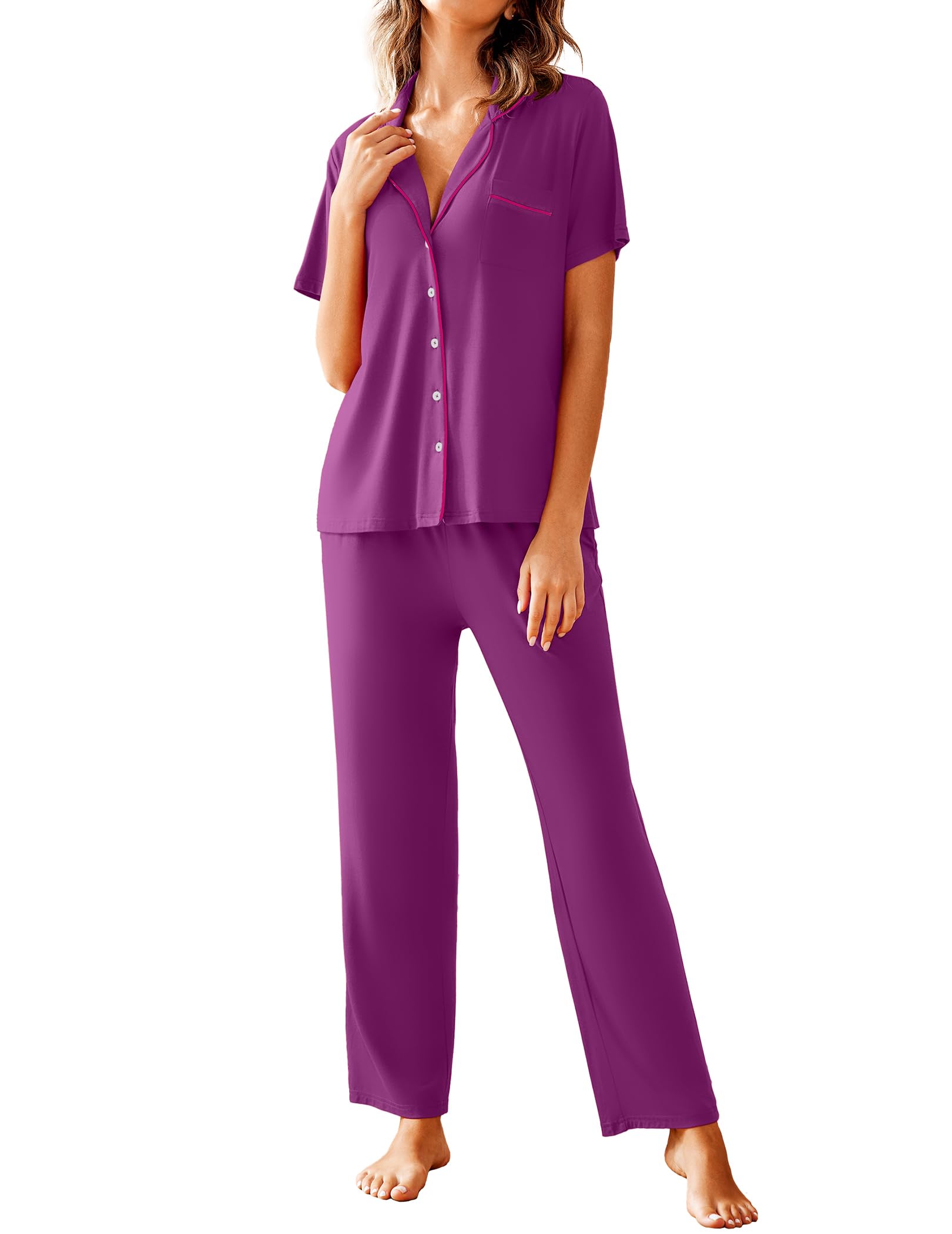 Avidlove Women Pajamas Set Notch Collar Soft Sleepwear Pjs Short Sleeve Button Down Nightwear with Long Pants