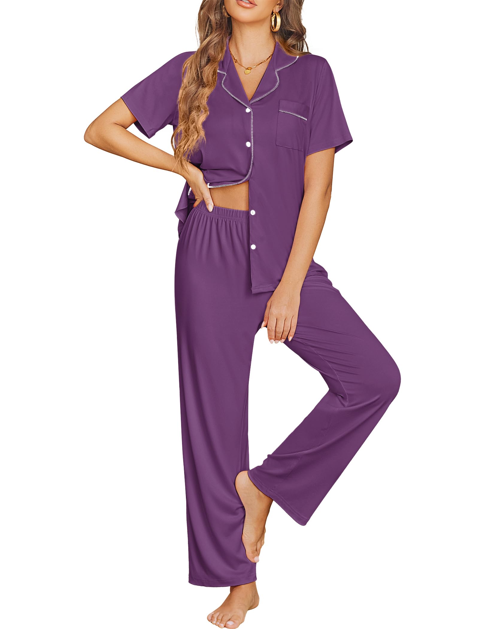 Ekouaer Womens Pajama Sets Button Down Lounge Sets 2 Piece Short Sleeve Pjs
