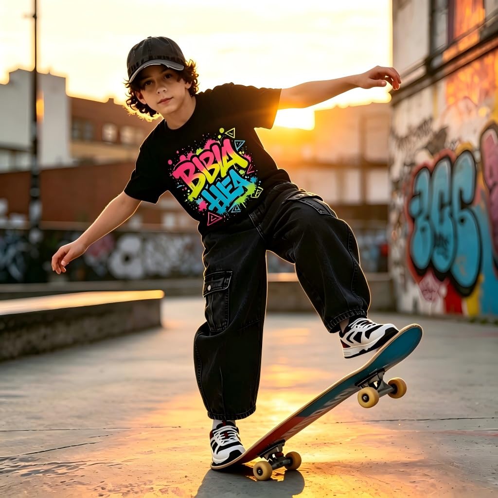 Baggy Jeans for Boys Cargo Jeans, Mid Rise Elastic Waist Multi-Pockets Denim Pants School Streetwear Size 8-12