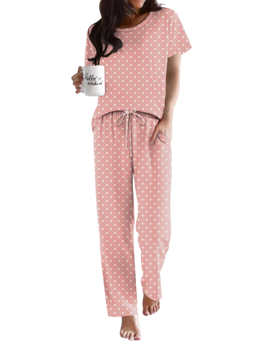 Ekouaer Womens Pajamas Sets Round Neck Pjs Loose Lounge Sets Sleepwear