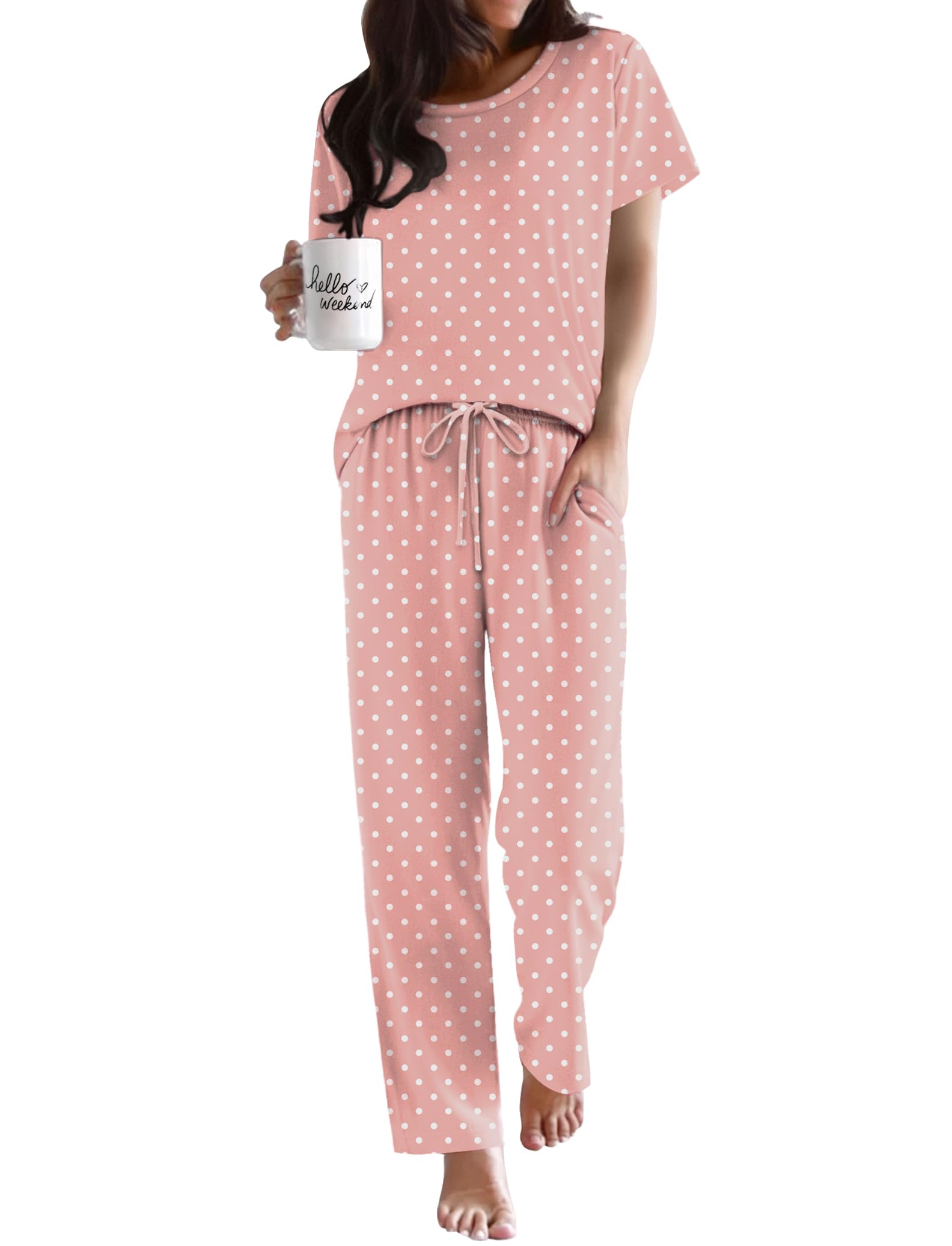Ekouaer Womens Pajamas Sets Round Neck Pjs Loose Lounge Sets Sleepwear