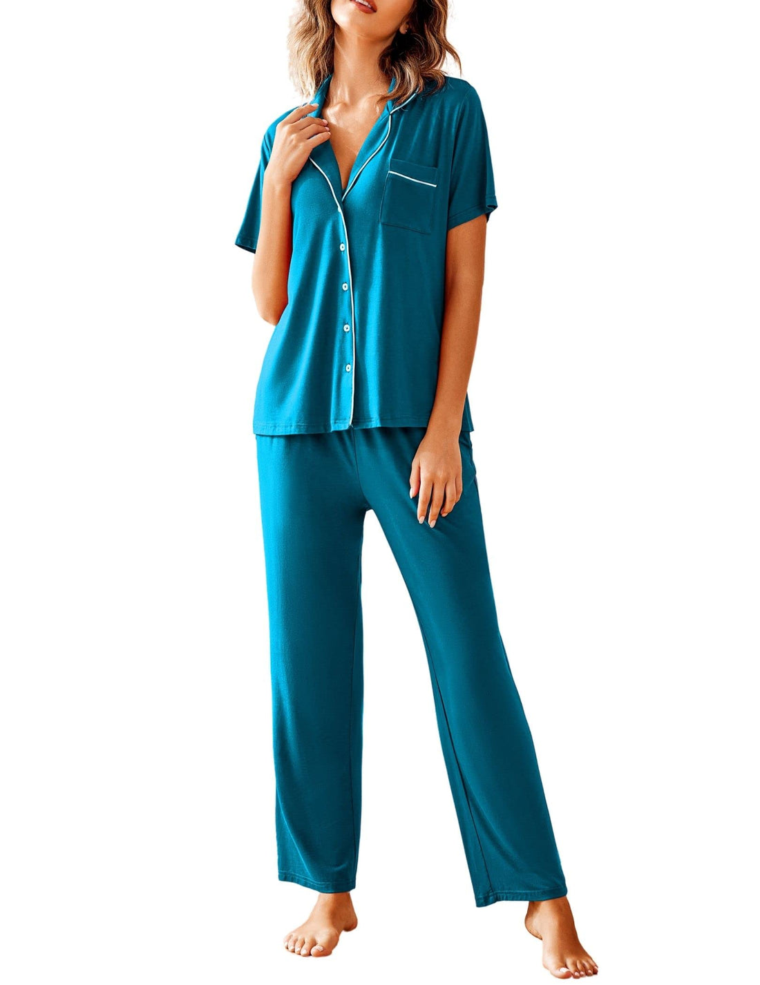 Avidlove Women Pajamas Set Notch Collar Soft Sleepwear Pjs Short Sleeve Button Down Nightwear with Long Pants