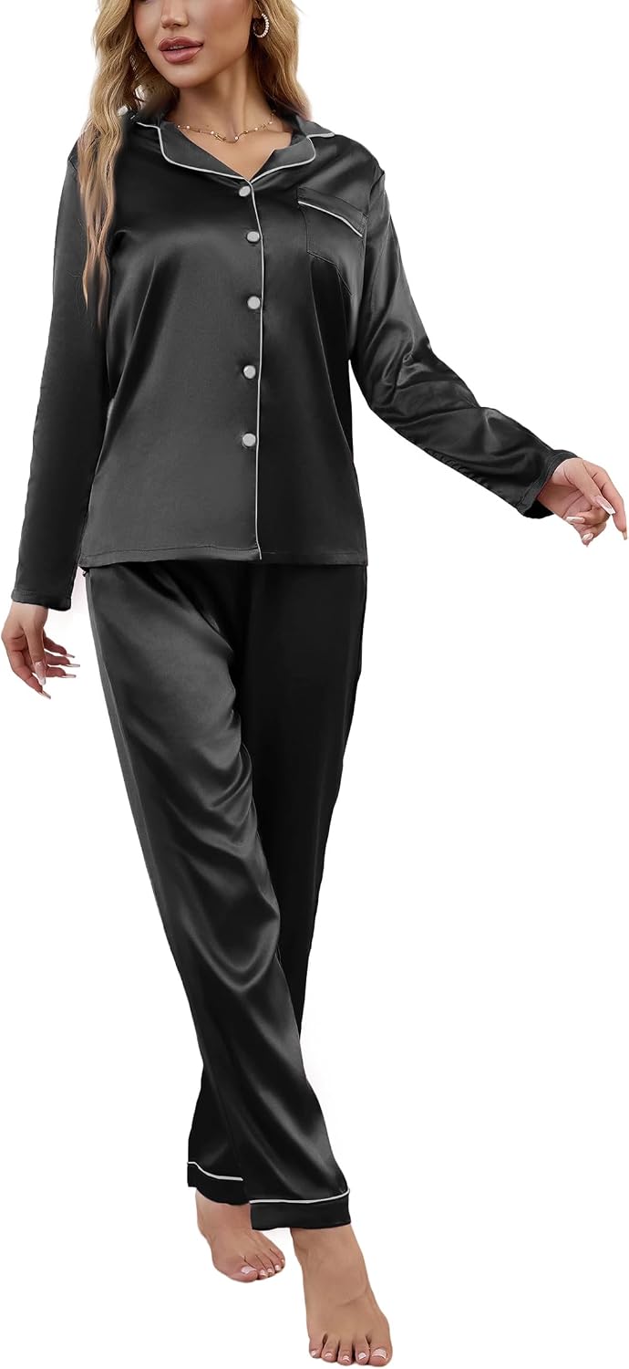 Drtope Women's Classic Button Down Long Satin Silk Pajama Set 2 piece pajama set for women silky pajama set for women