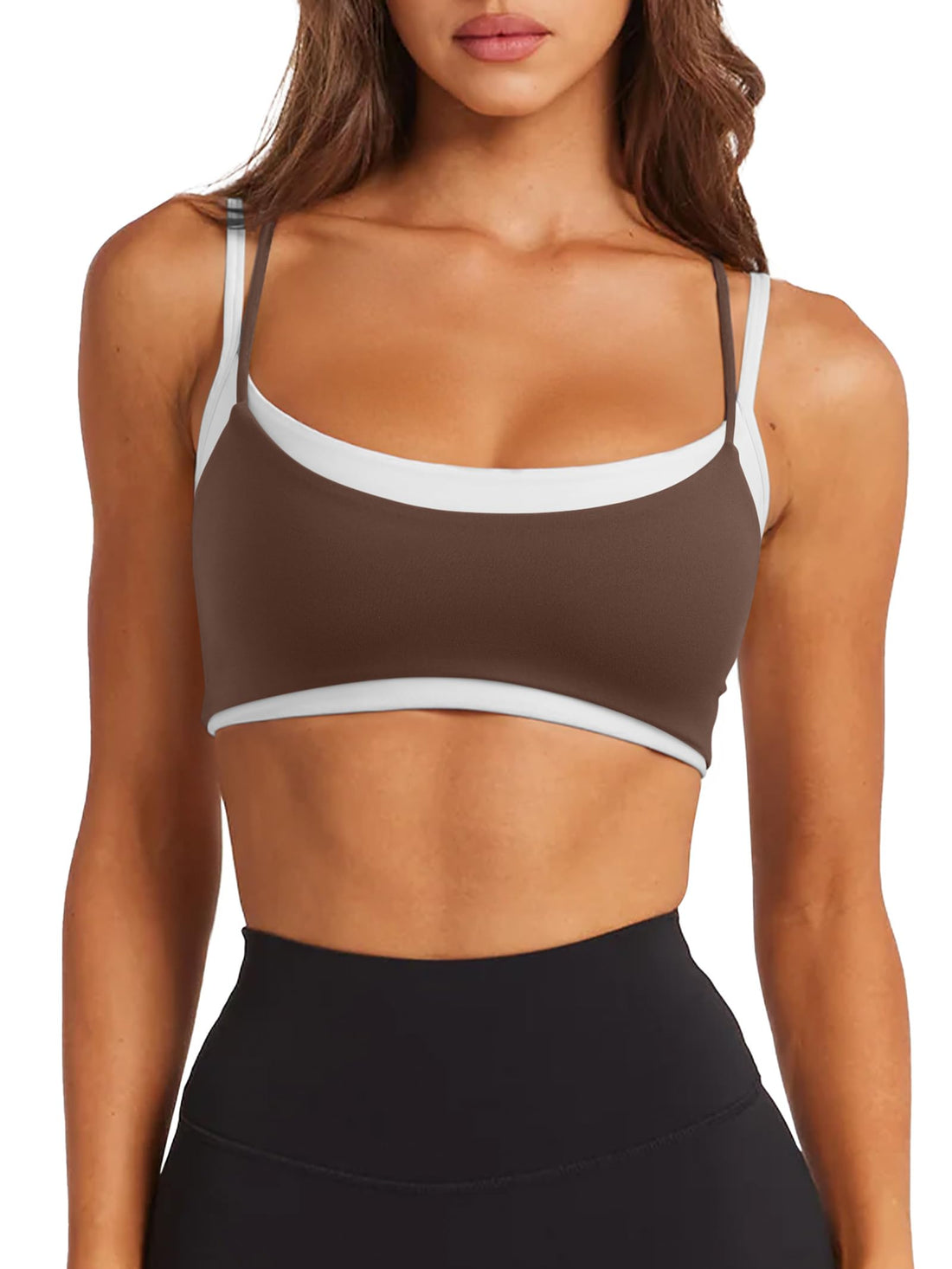 LASLULU Womens Double Layered Sports Bra Adjustable Spaghetti Straps Sexy Scoop Neck Wireless Padded Workout Yoga Crop Tops
